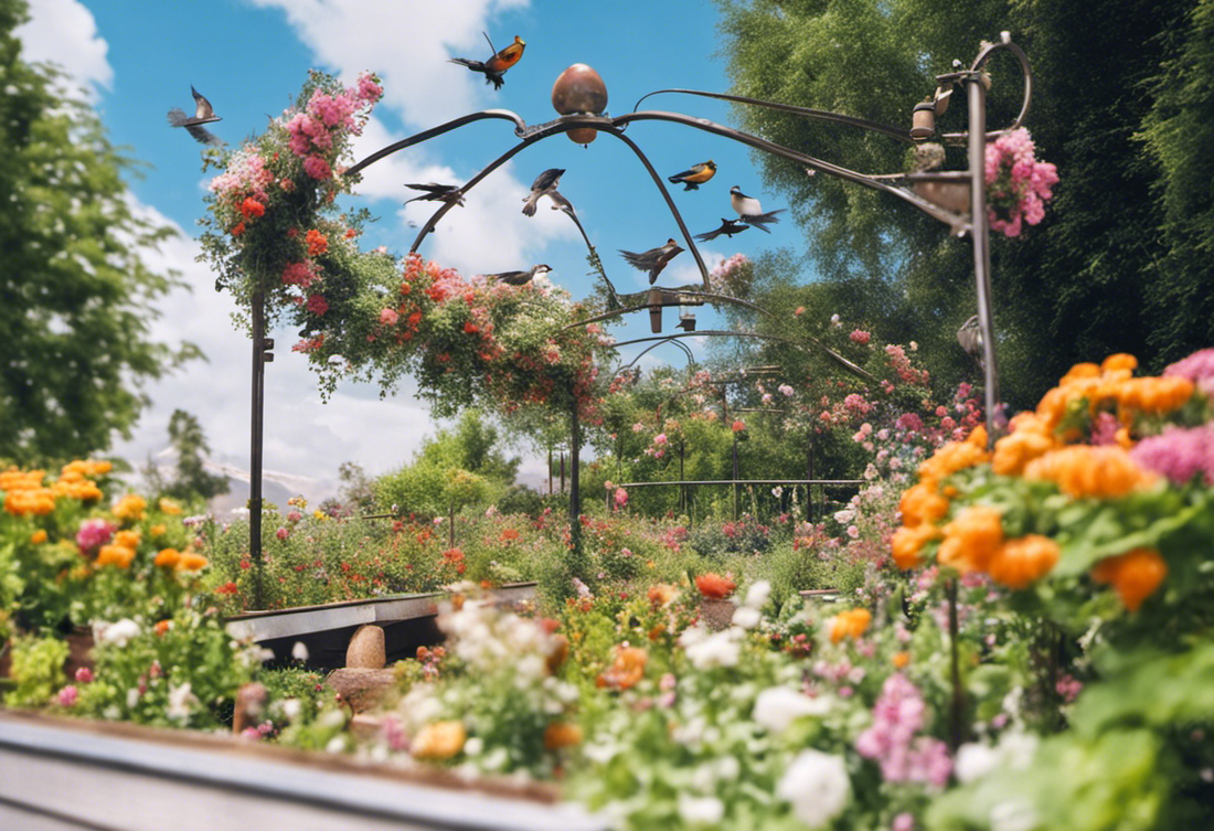 A lush garden in full bloom, bursting with colorful flowers and buzzing with life as birds flit around a flower-adorned archway.