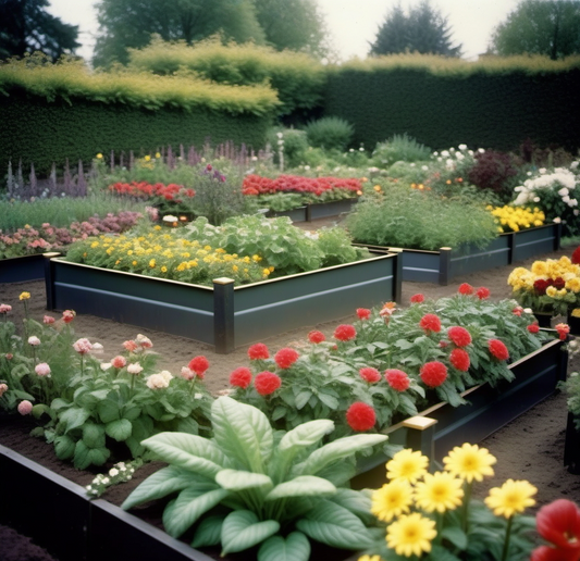 A garden with raised flower beds