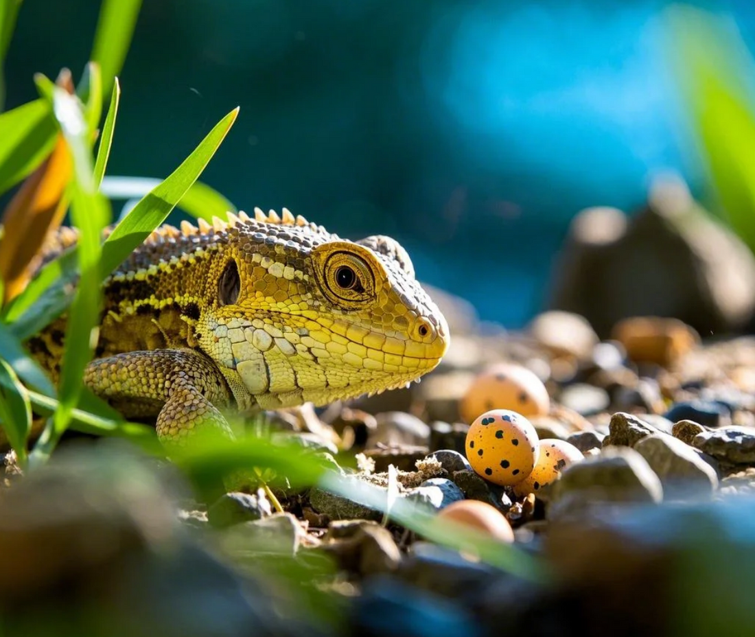 Yellow crested lizard guarding spotted orange eggs on rocky ground with vibrant blue bokeh background, wildlife macro photography