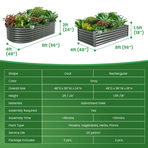 Set of 4:  8x4x2ft Oval and 8x4x1.5ft Rectangular Modular Metal Raised Garden Beds (Grey)