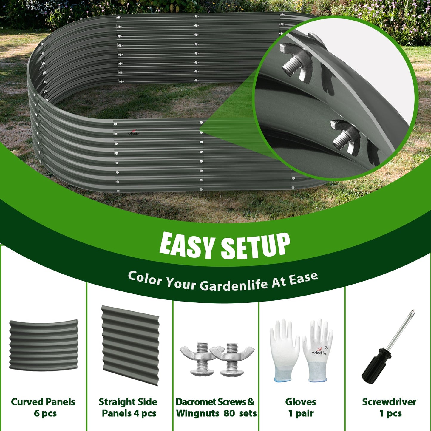Set of 6: 6x3x2ft Oval Galvanized Metal Raised Garden Beds (Grey)