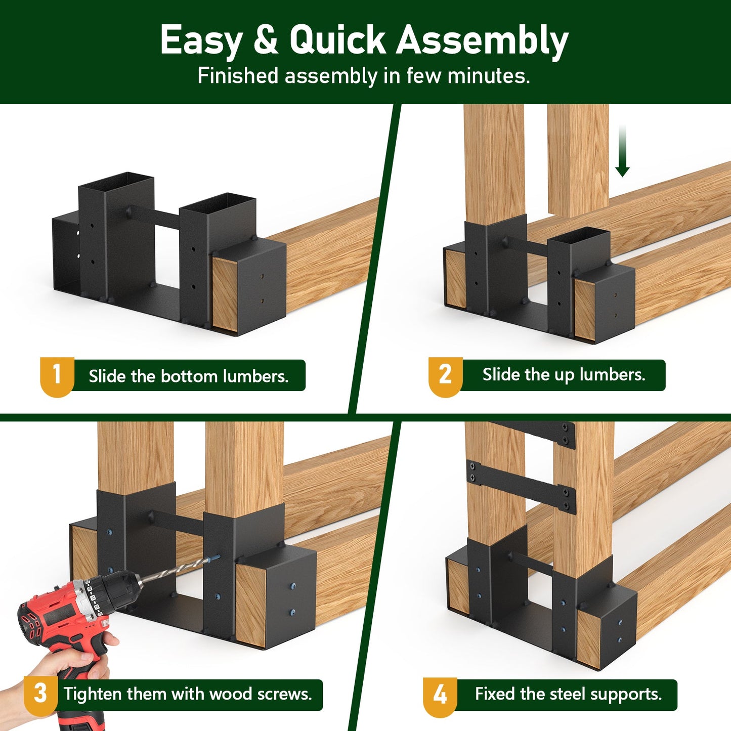 Set of 2: 4-Bracket Kit,Firewood Log Rack Bracket Kit, Adjustable to Any Length