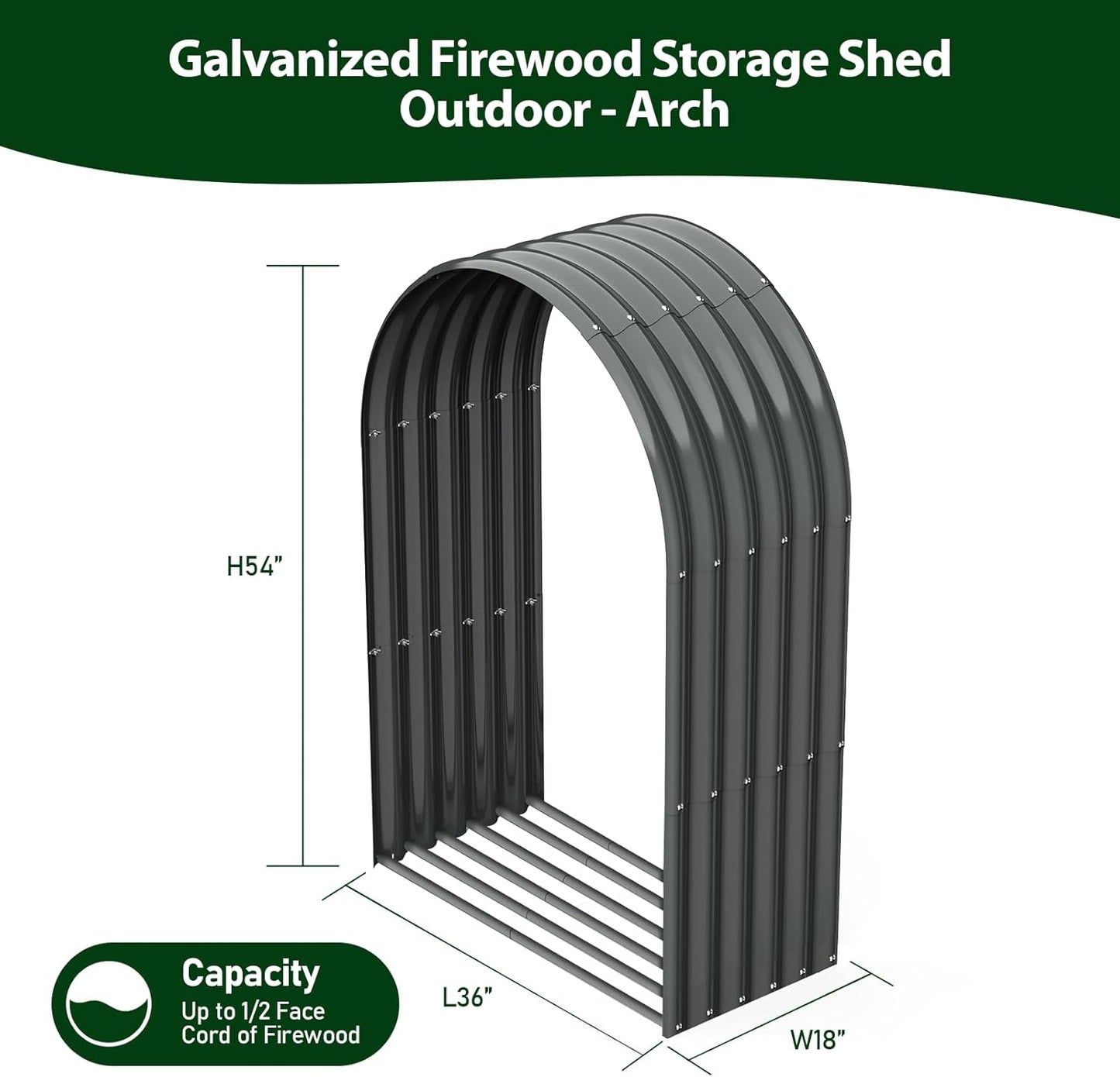 Set of 2: 18"D x 36"W x 54"H, Galvanized Steel Firewood Storage Shed, Arch-Top Gray Metal Log Rack