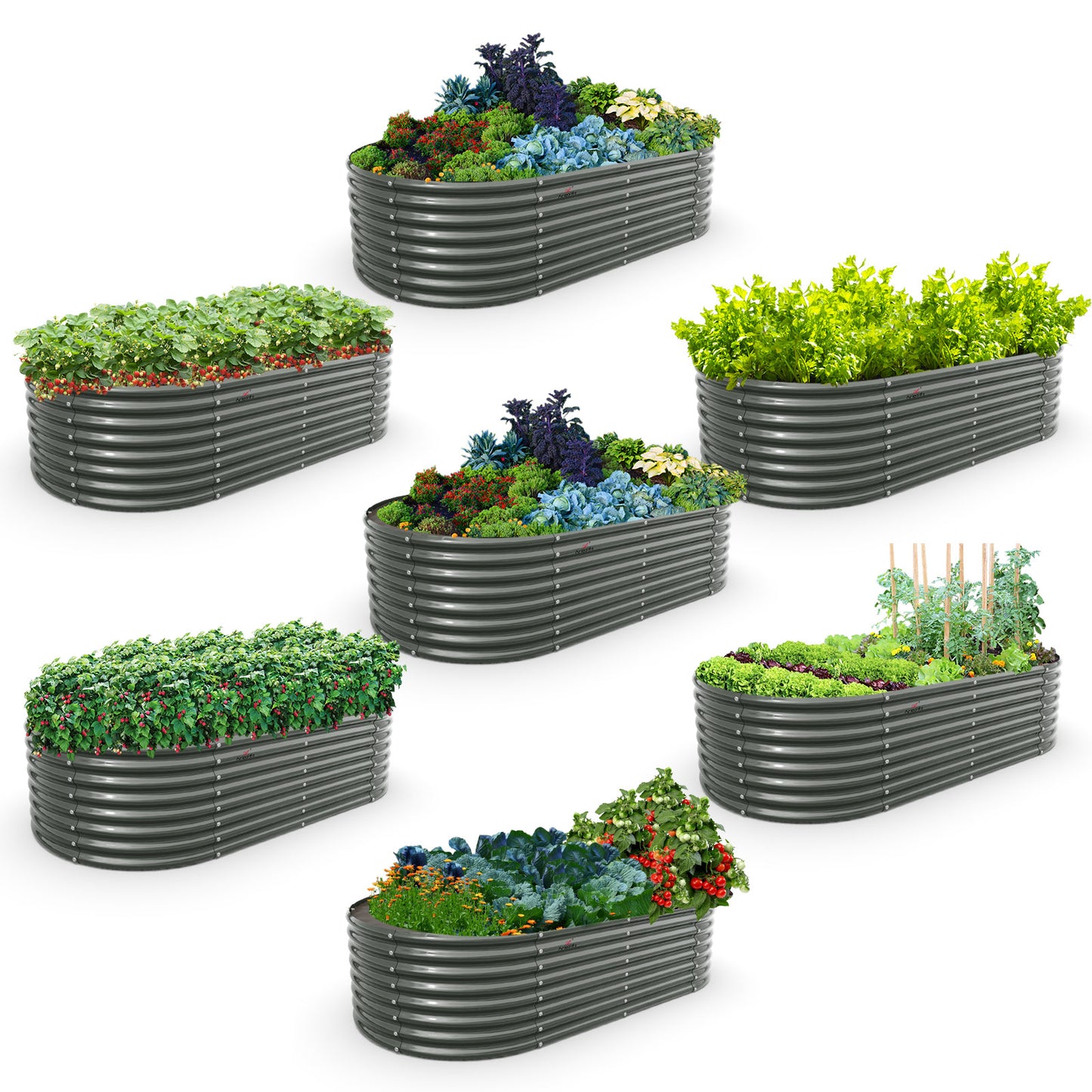 Set of 7: 8x4x2ft Oval Modular Metal Raised Garden Beds (Grey)