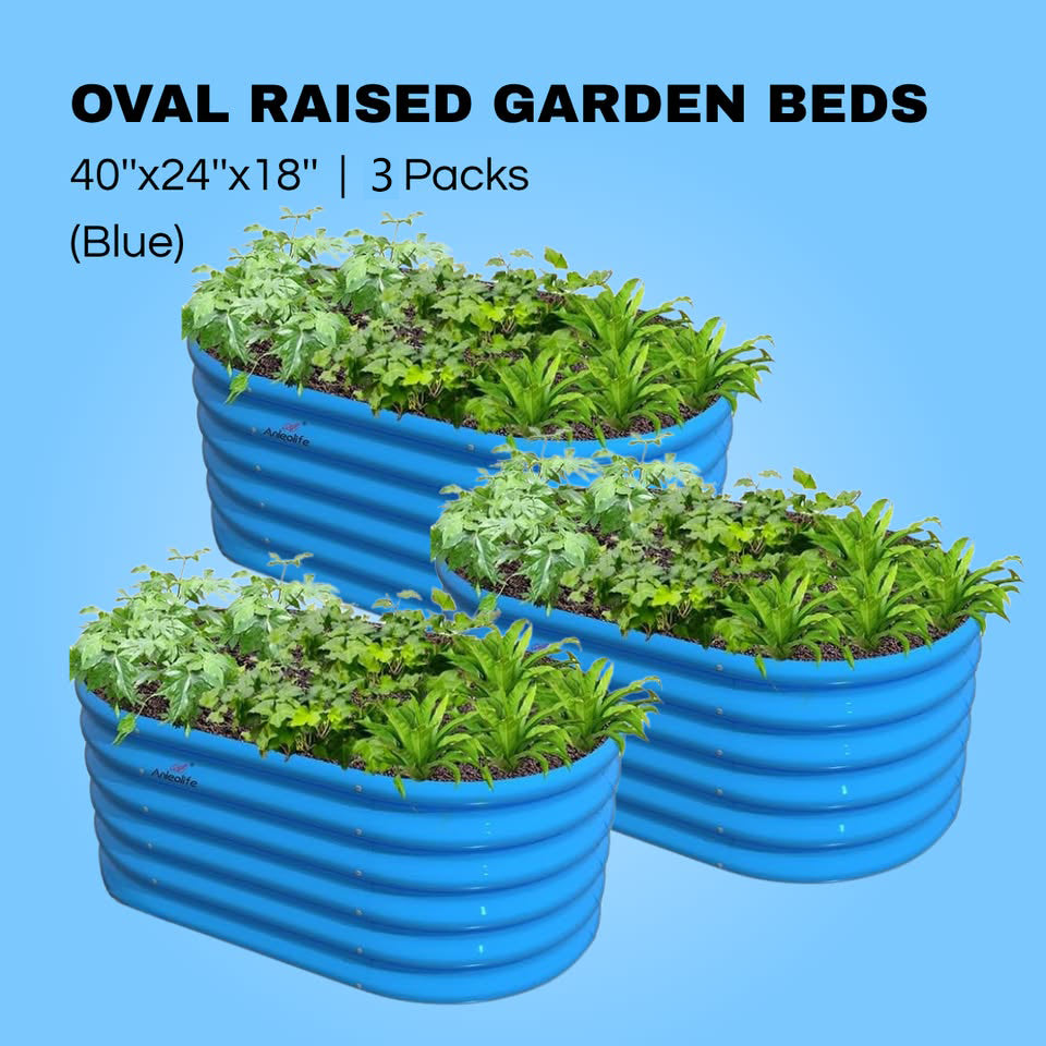 Garden Play – 40''x24''x18'' Oval Raised Garden Beds for Kids (3 packs, Blue)