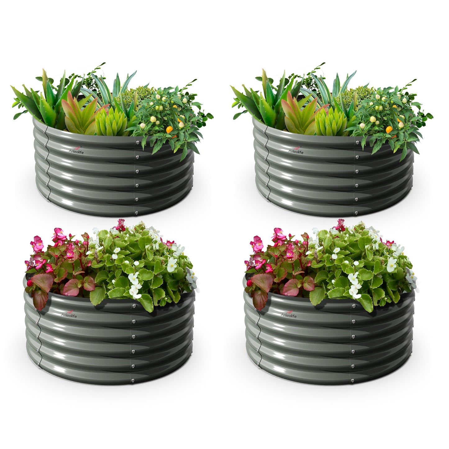 Set of 4: 48"x48"x18" Round Metal Raised Garden Beds (White/Grey)