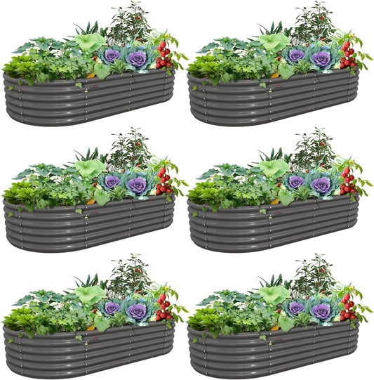 Set of 6: 8x4x1.5ft Oval Modular Sturdy Metal Raised Garden Bed (Grey)
