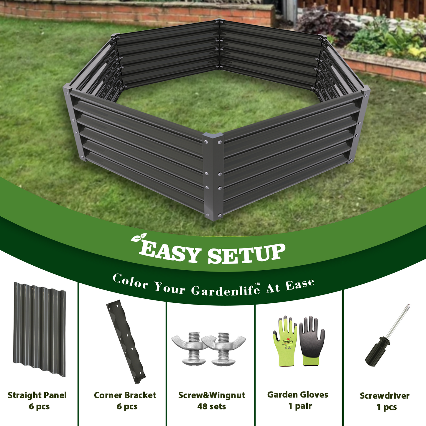 Set of 7: 8x4x1.5ft Oval & Hexagon-shaped Metal Raised Garden Bed (Grey)