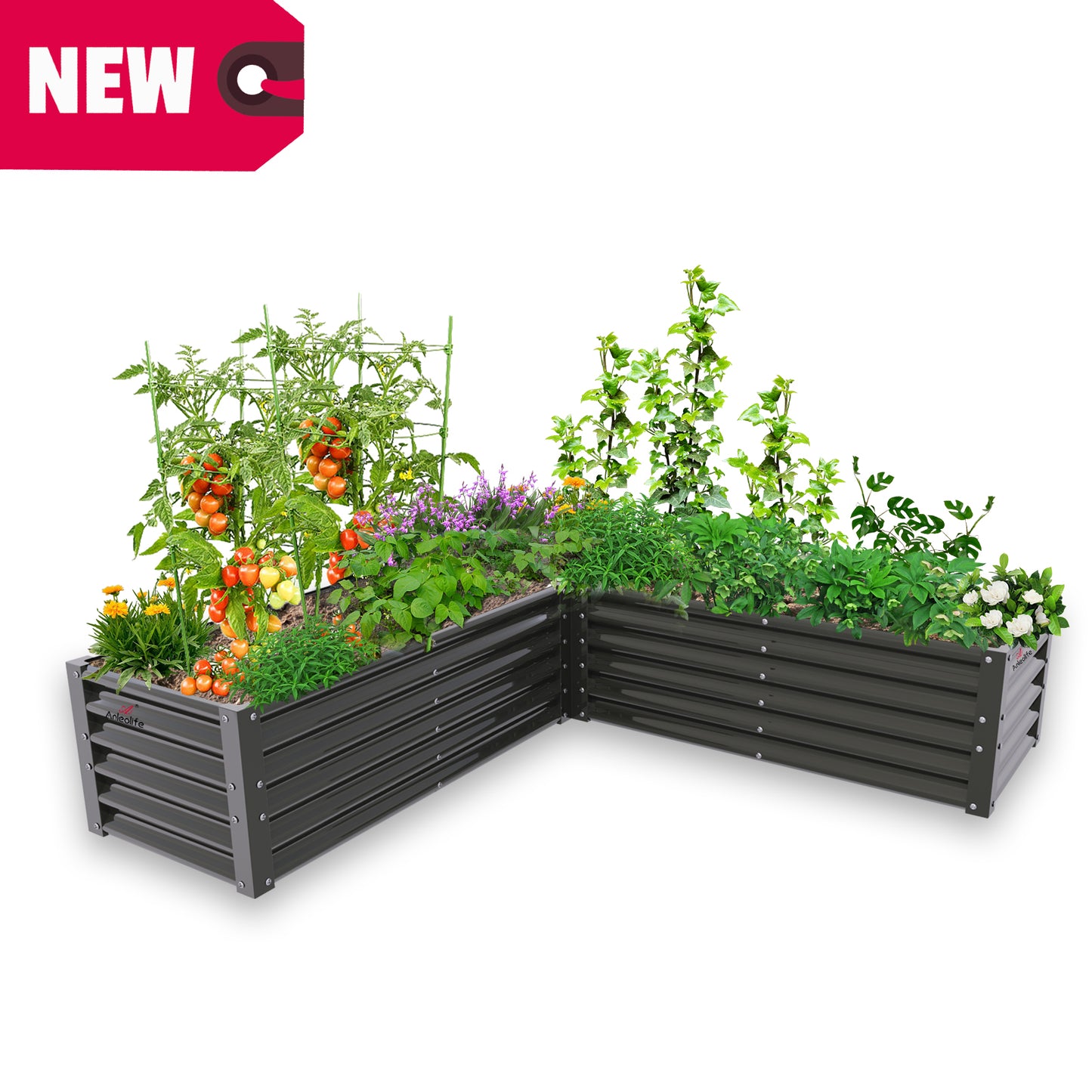 74''x74''x18'' L-shaped Galvanized Steel Raised Garden Bed - Grey