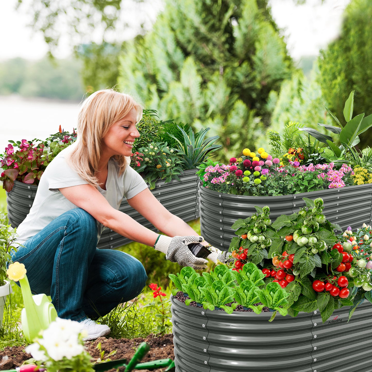 Set of 3: Oval Galvanized Metal Raised Garden Beds (Grey)