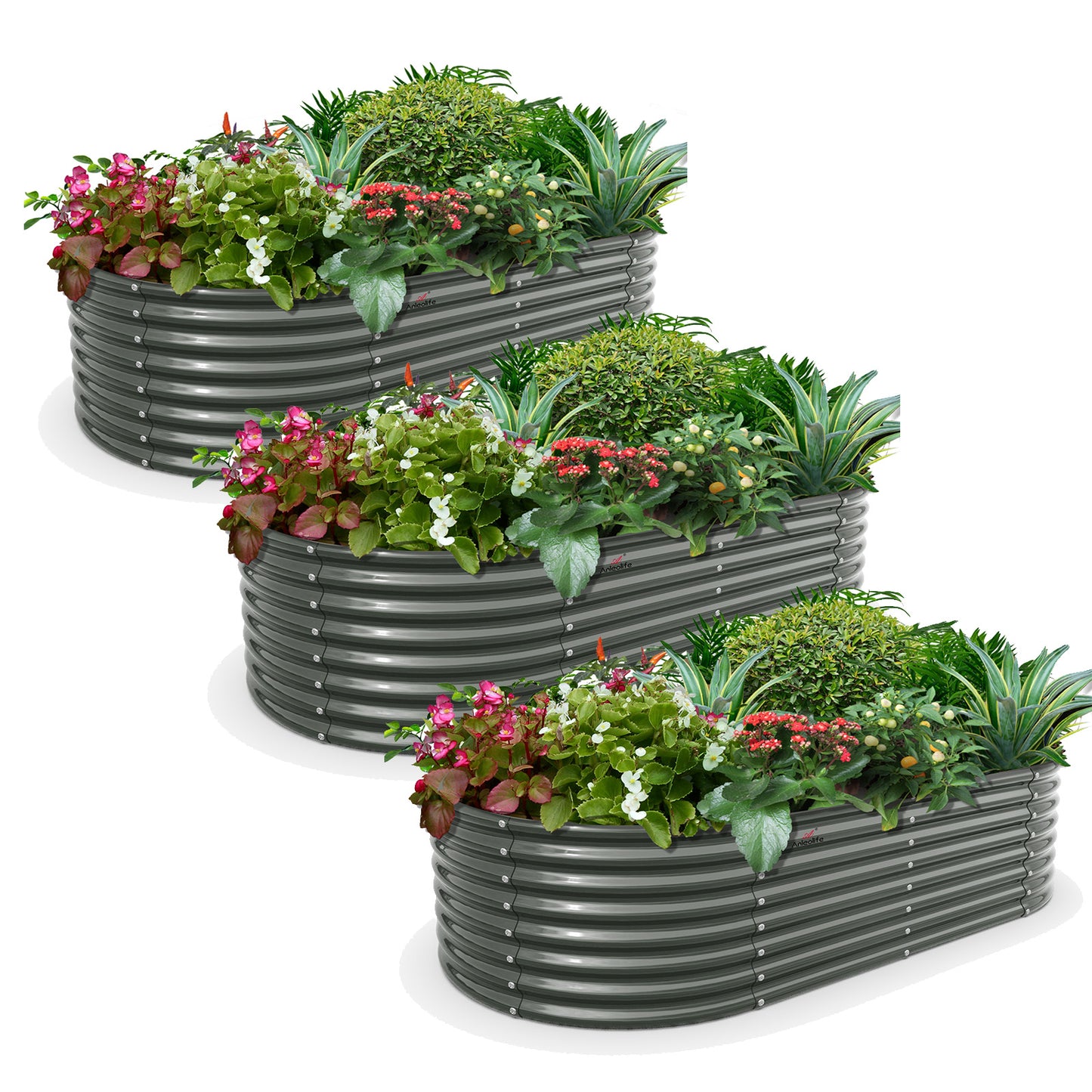 Set of 3: Oval Galvanized Metal Raised Garden Beds (Grey)