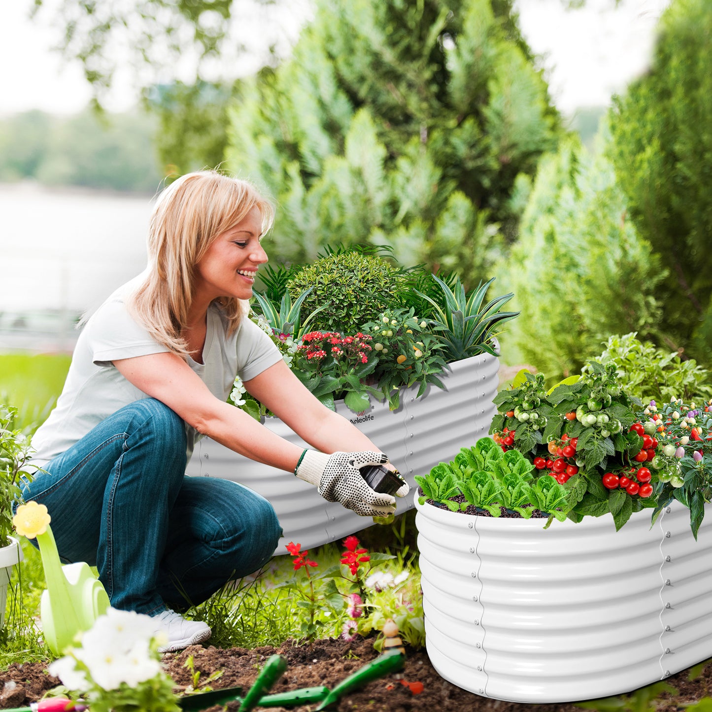 Set of 2: Oval Metal Raised Garden Beds (White)