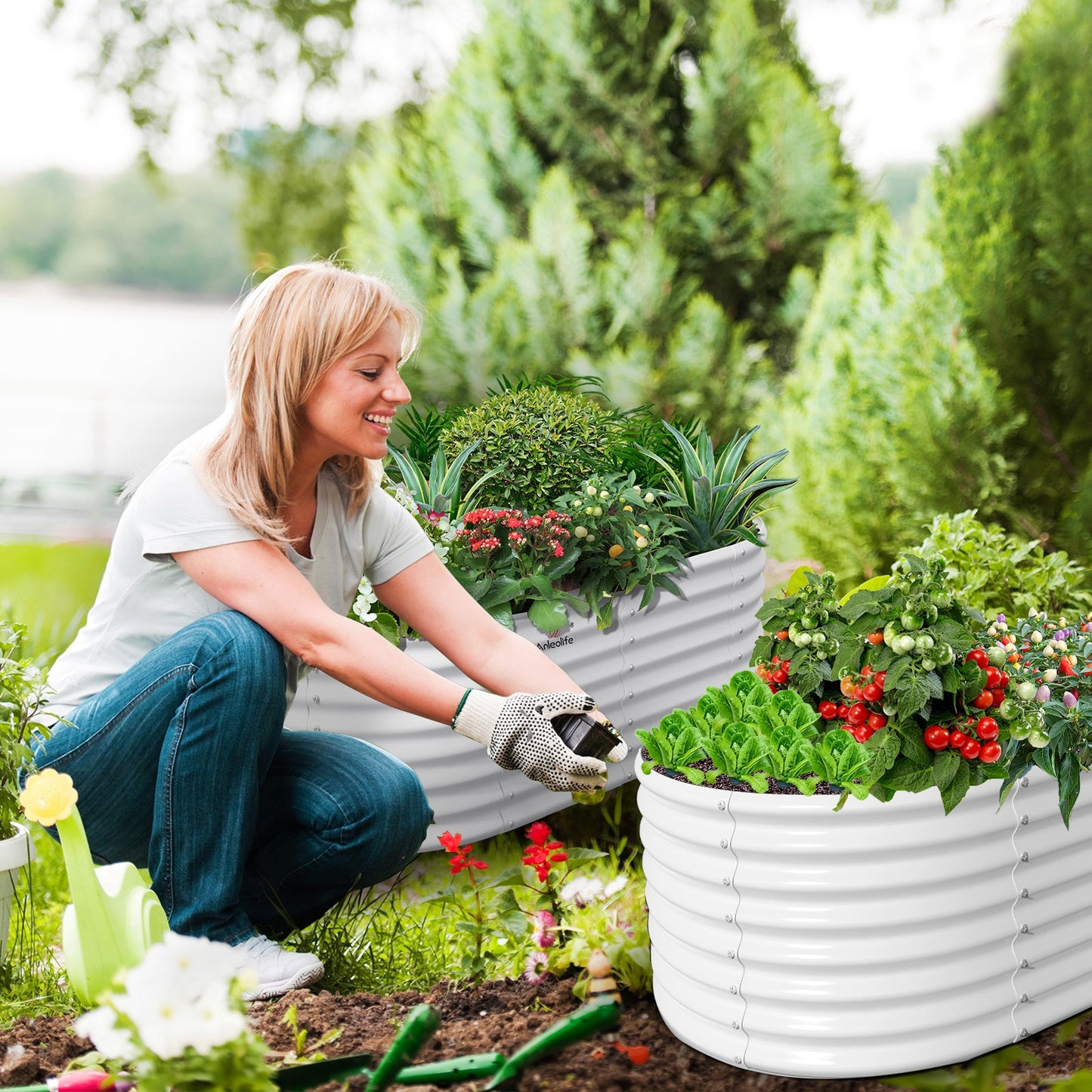 Set of 6: 6x3x2ft Oval Metal Raised Garden Beds (White)