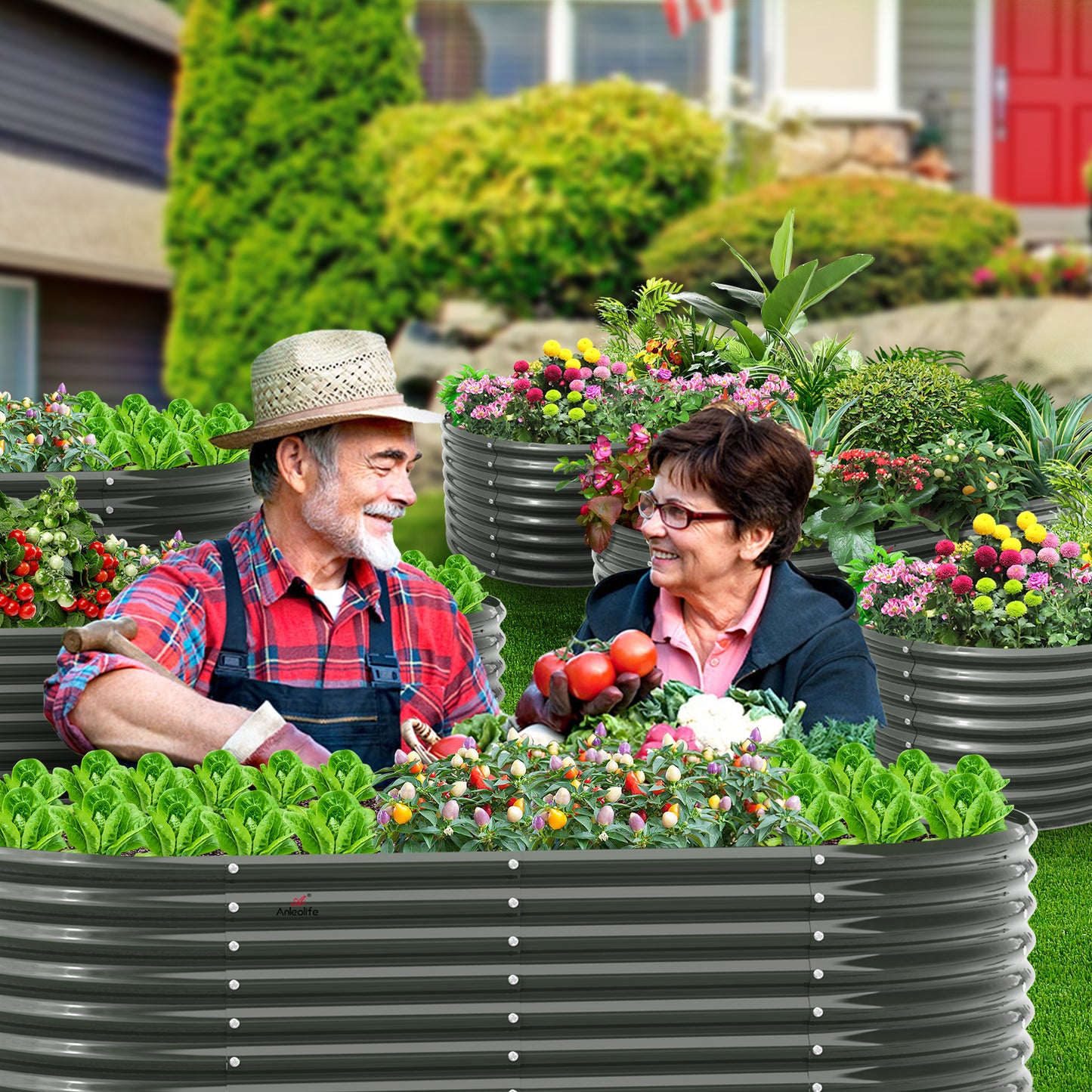 Set of 6: Oval Modular Metal Raised Garden Beds (Grey)