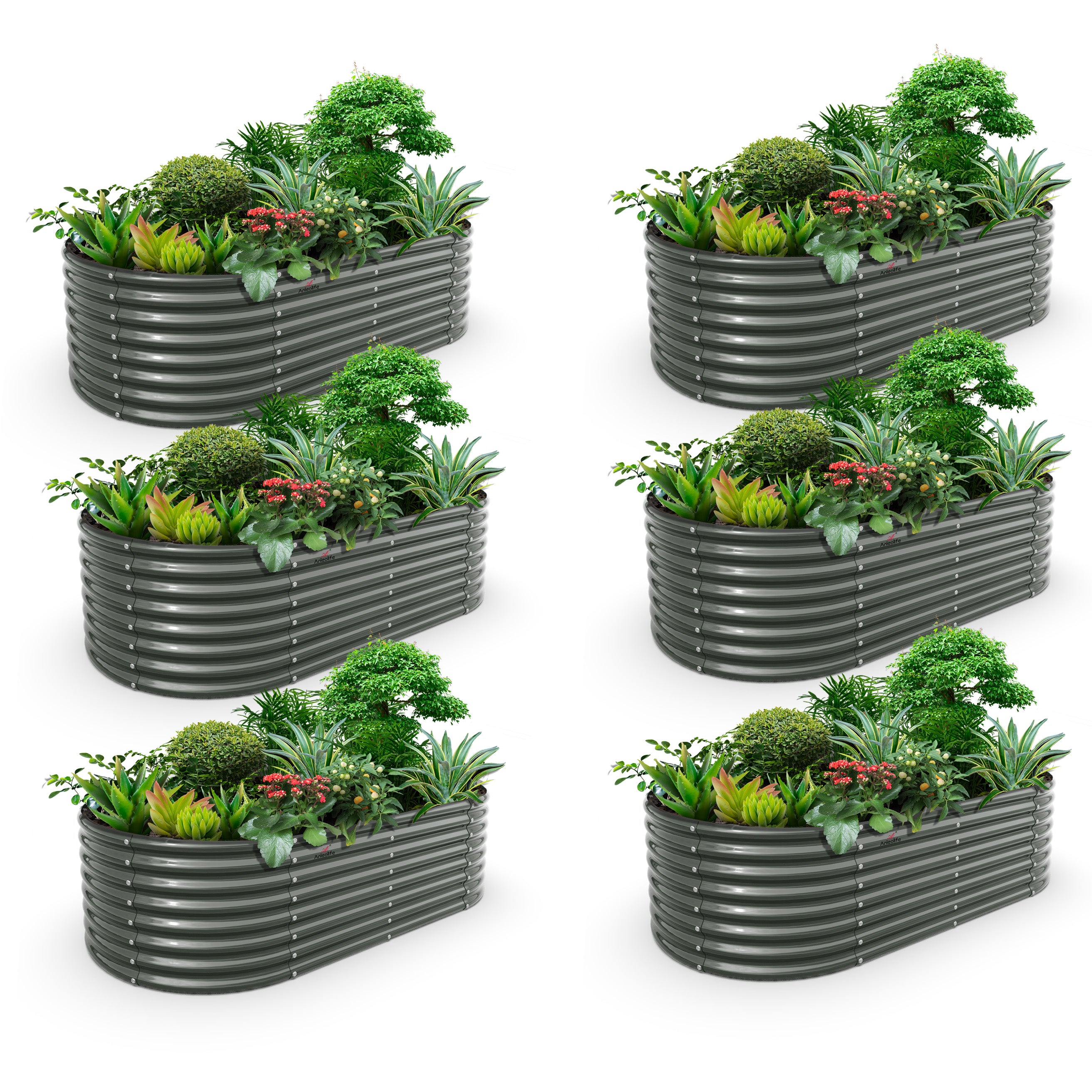 Set of 6: 8x4x2ft Oval Modular Metal Raised Garden Beds (Grey)