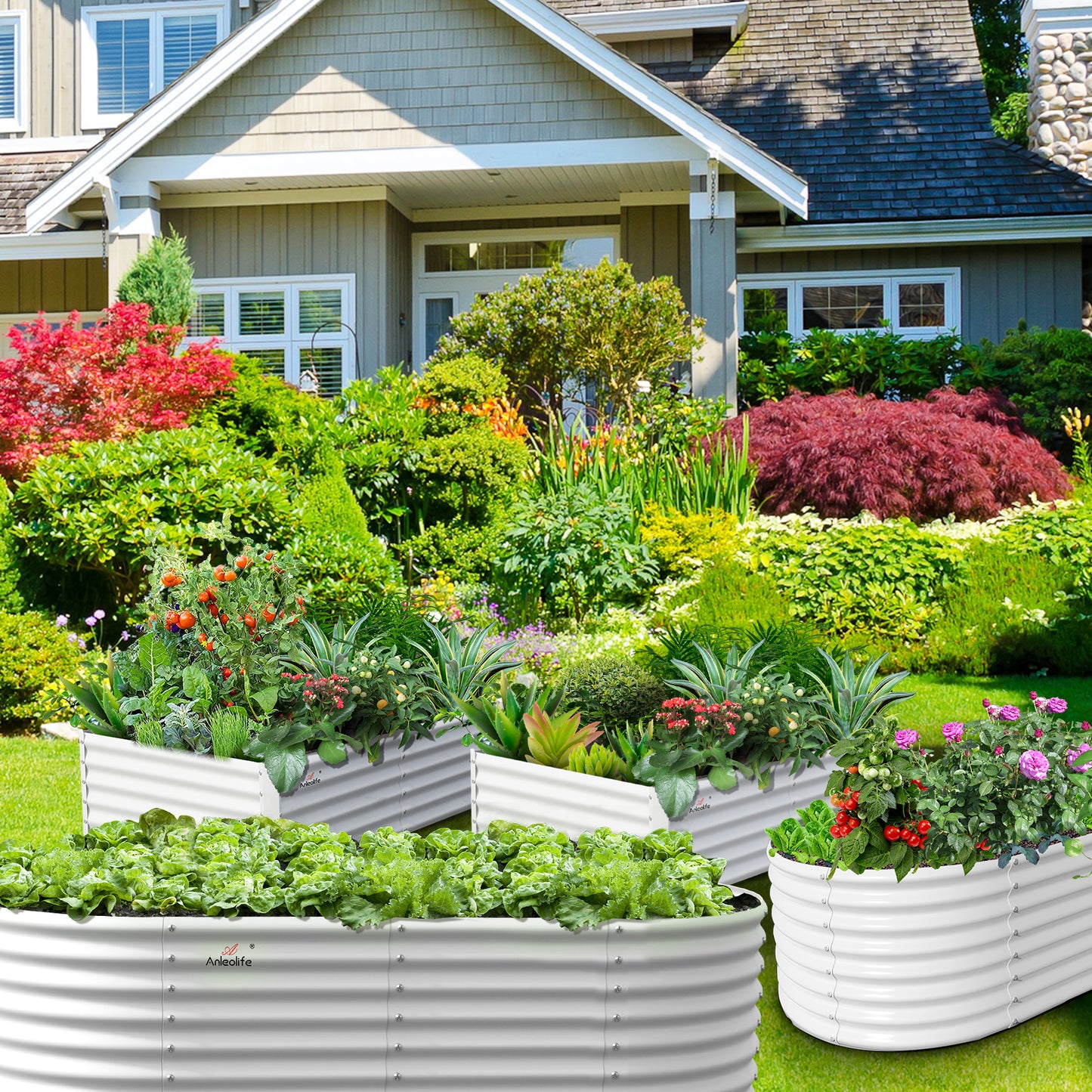 Set of 4: 2 pcs (8x4x1.5ft) + 2 pcs (6x3x2ft) Oval & Rectangular Metal Raised Garden Beds (White)