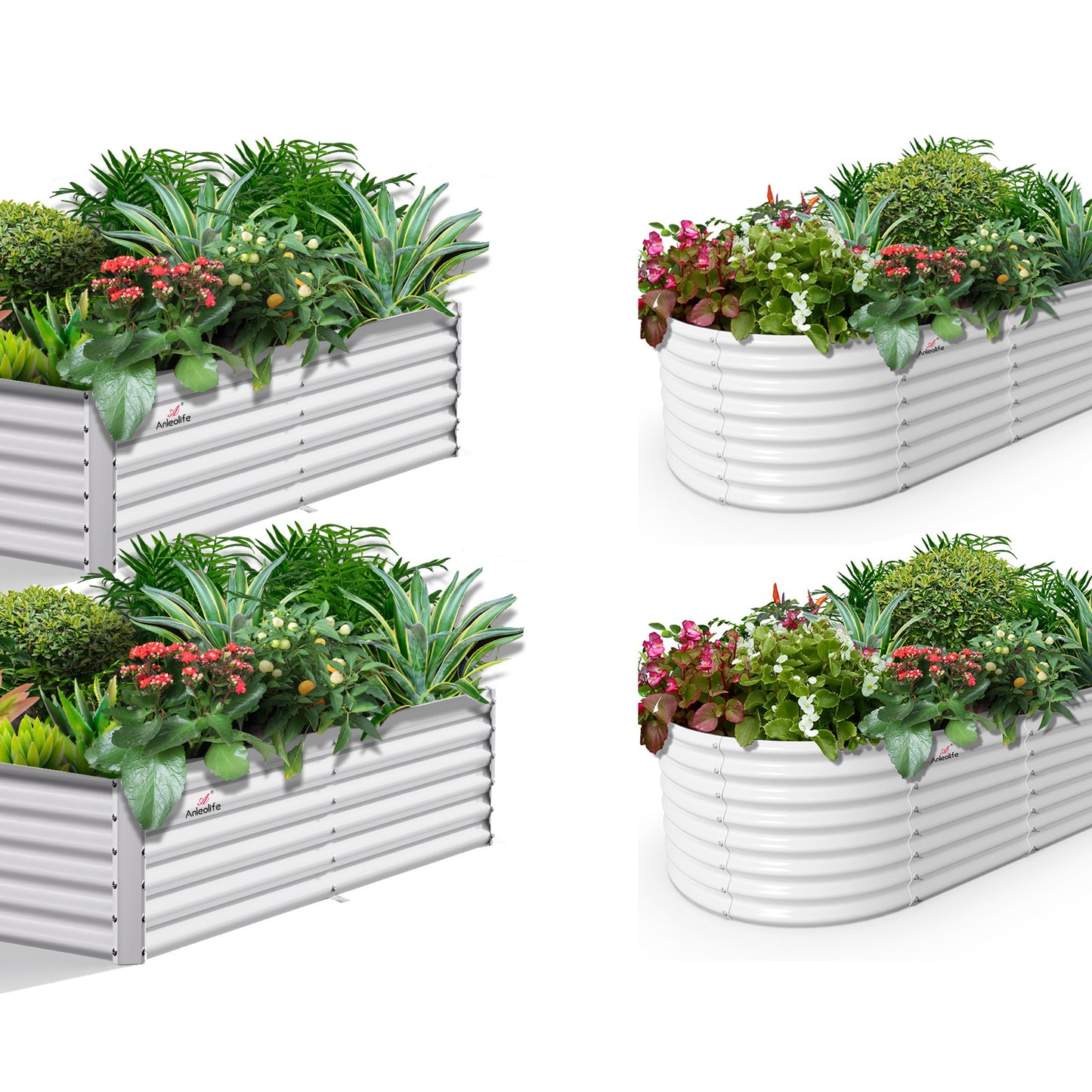 Set of 4: 2 pcs (8x4x1.5ft) + 2 pcs (6x3x2ft) Oval & Rectangular Metal Raised Garden Beds (White)
