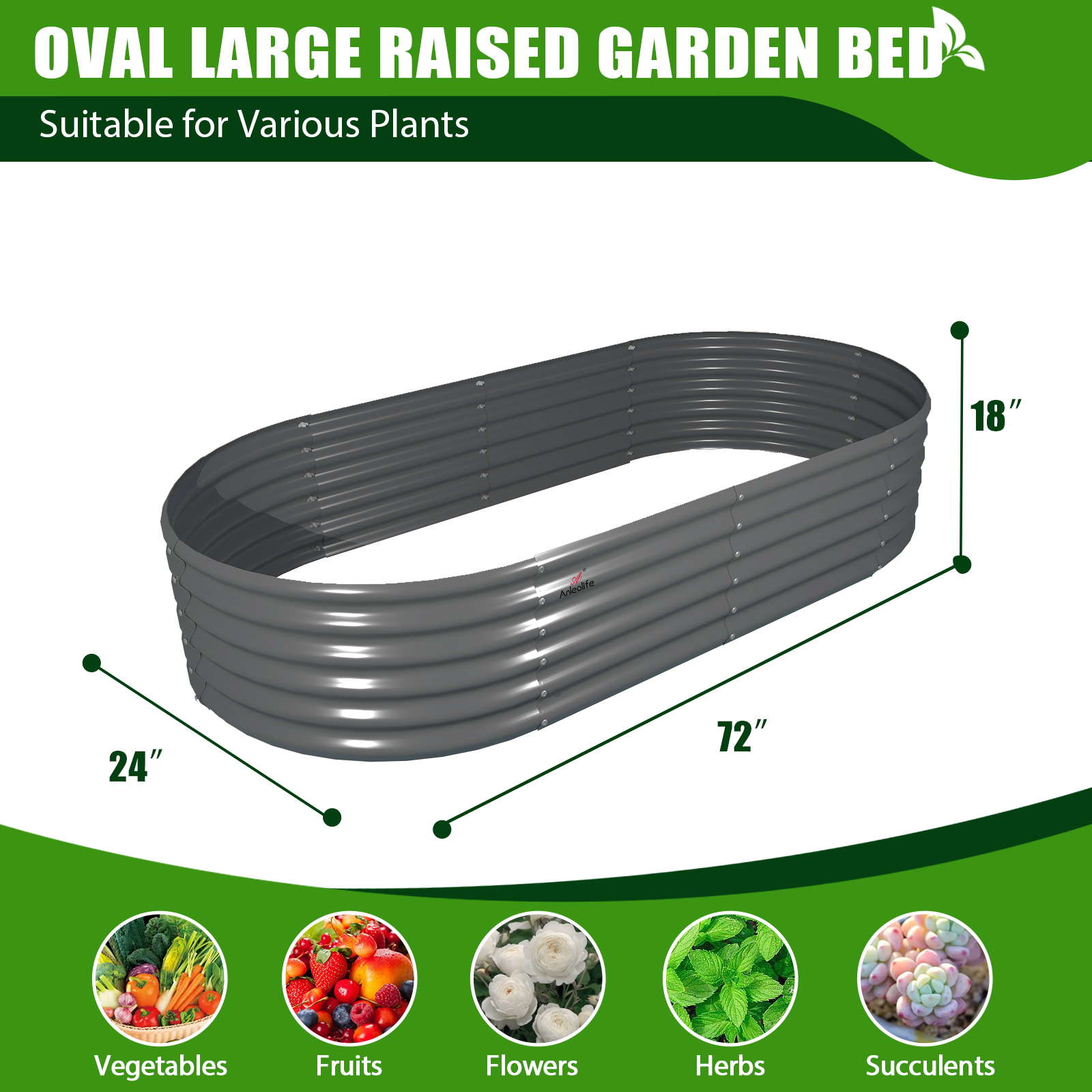 6x2x1.5ft Oval Metal Raised Modular Garden Bed (Grey)