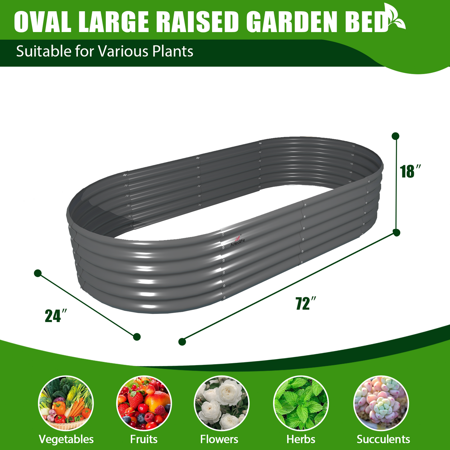 Set of 6：6x2x1.5ft Oval Metal Raised Modular Garden Bed (Grey)