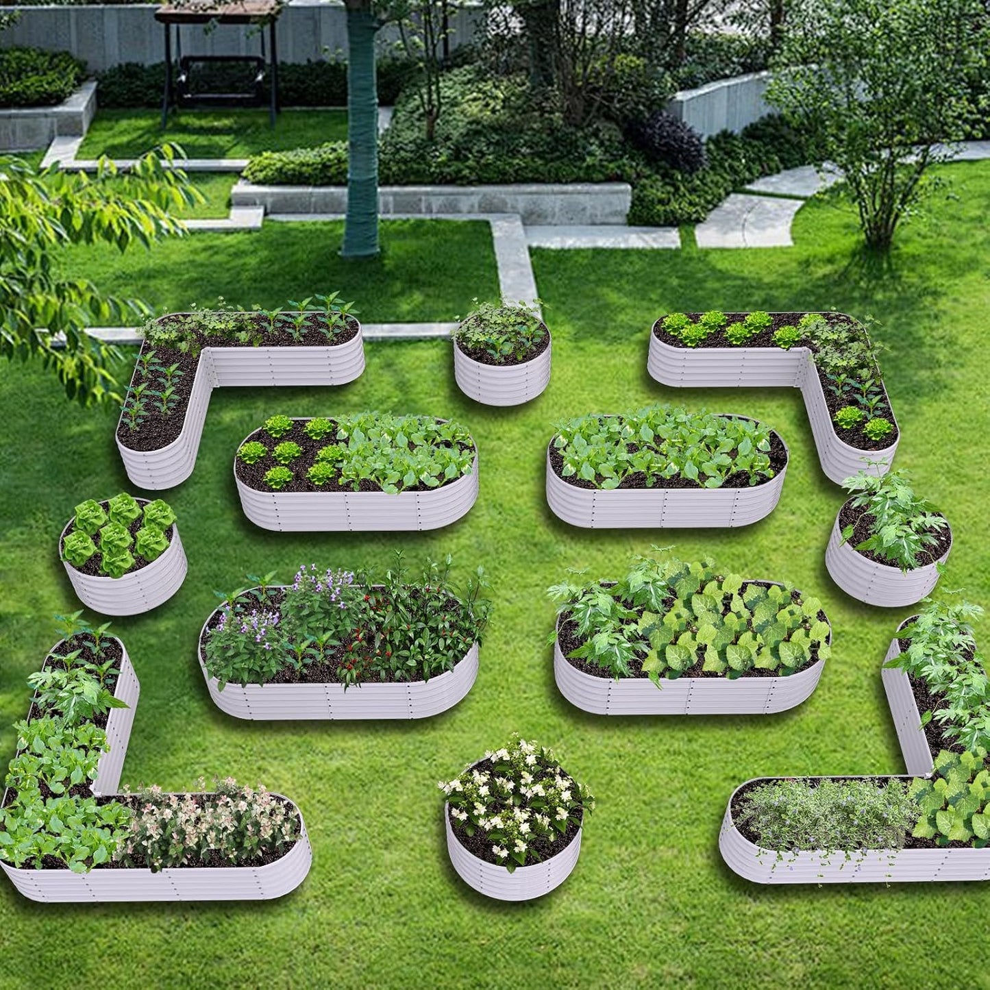 Set of 12: 72''x24''x18'', 48''x18'', 81''x81''x18'' Raised Garden Beds Layout (Grey/White)