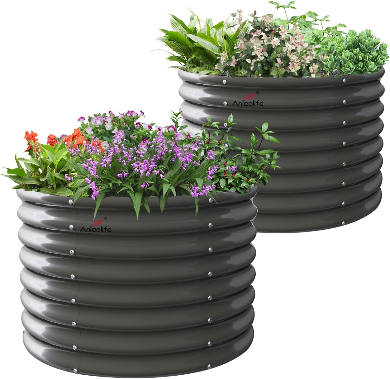 Set of 2: 36"x36"x24" Round Metal Raised Garden Beds (Grey)