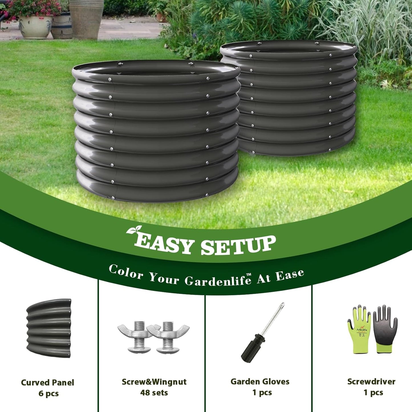 Set of 2: 36"x36"x24" Round Metal Raised Garden Beds (Grey)