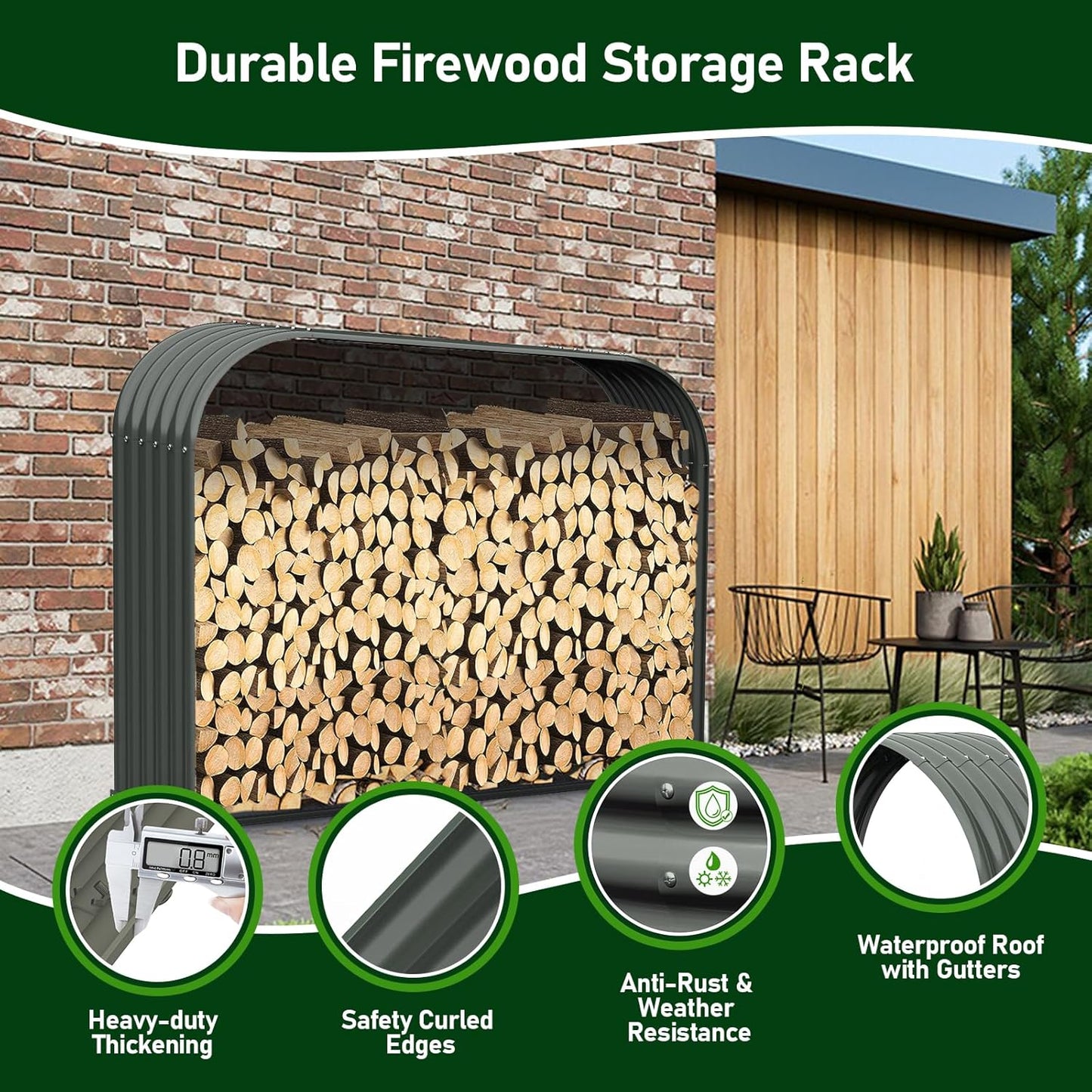 Set of 4:18"D x 54"W x 43"H,24cube feet,Heavy Duty Log Holder, Galvanized Steel Firewood Storage Shed