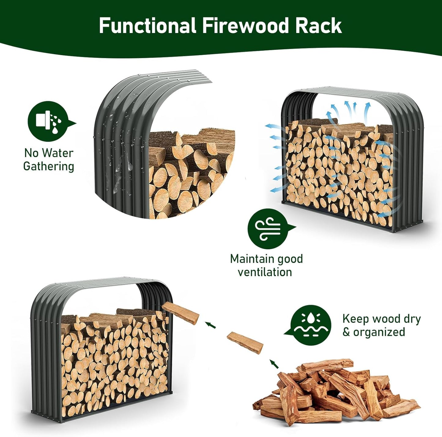 Set of 4:18"D x 54"W x 43"H,24cube feet,Heavy Duty Log Holder, Galvanized Steel Firewood Storage Shed