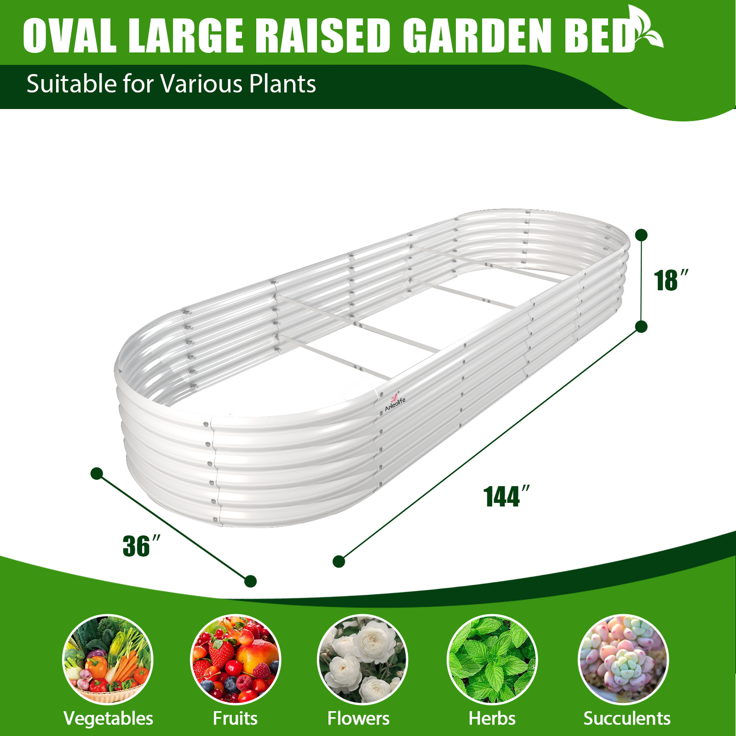 Set of 8: 12x3x1.5ft Oval Modular Metal Raised Garden Bed (White)