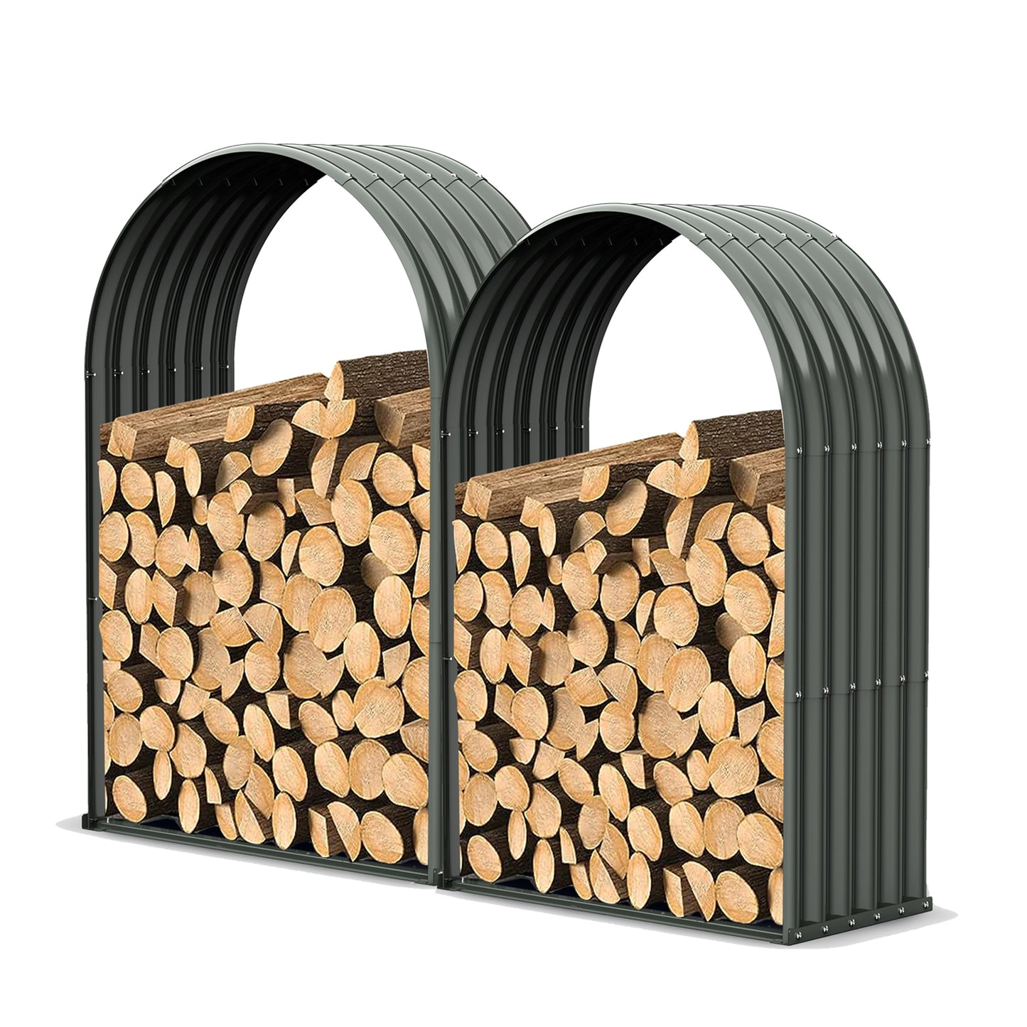 Set of 2: 18"D x 36"W x 54"H, Galvanized Steel Firewood Storage Shed, Arch-Top Gray Metal Log Rack