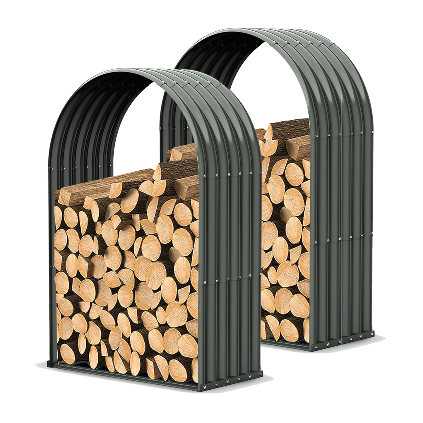 Set of 2: 18"D x 36"W x 54"H, Galvanized Steel Firewood Storage Shed, Arch-Top Gray Metal Log Rack