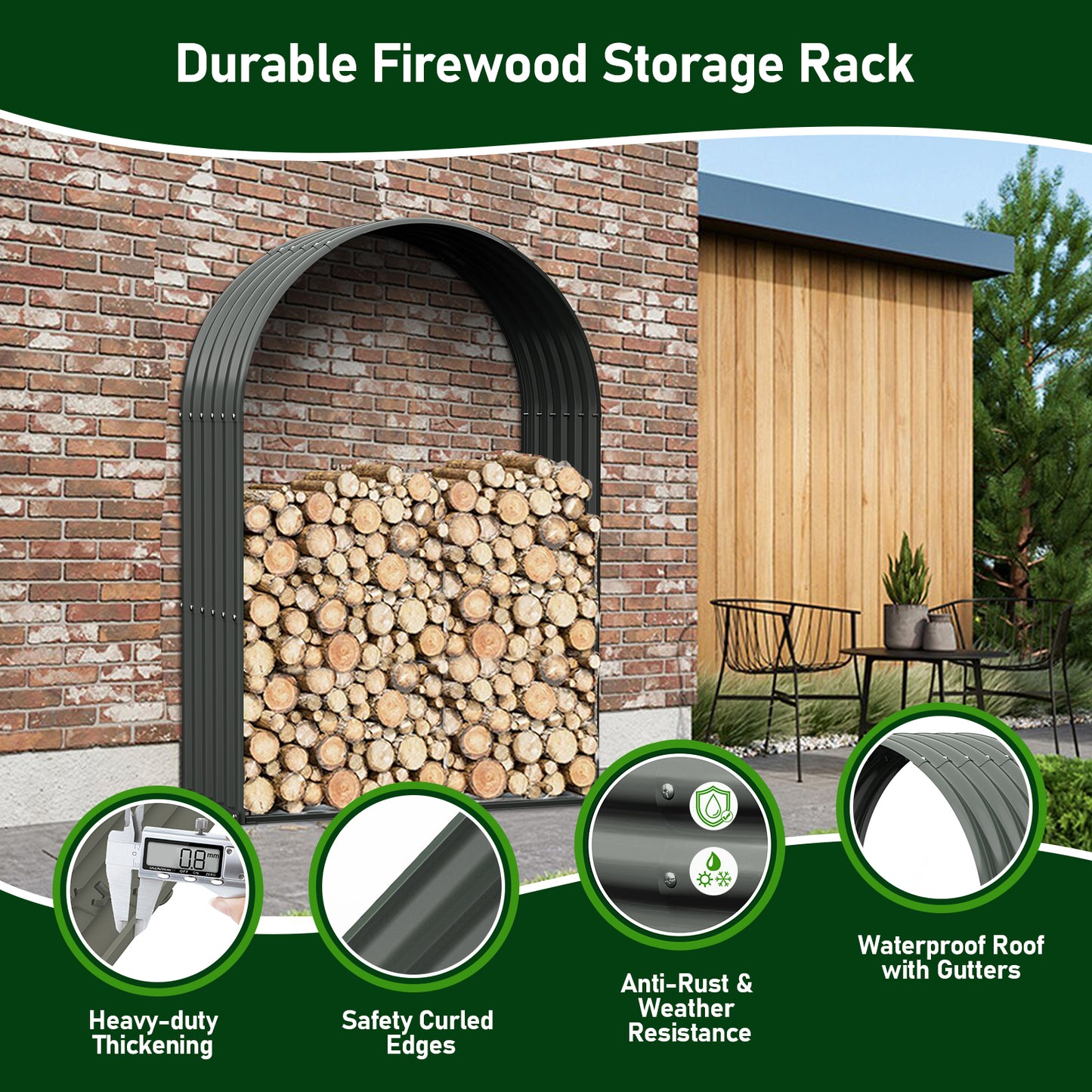 Set of 2: 18"D x 36"W x 54"H,Galvanized Steel Firewood Storage Shed, Metal Log Rack,Arch Gray