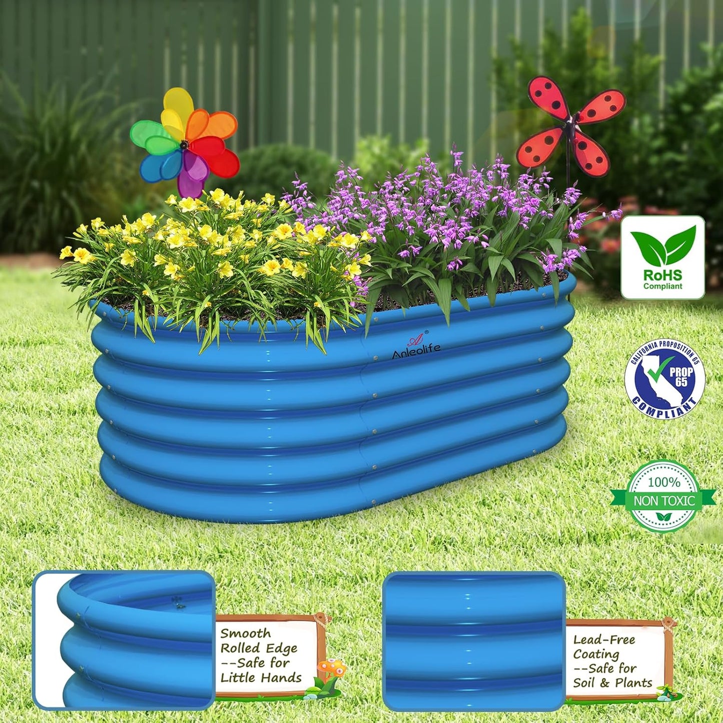 Garden Play – 40''x24''x18'' Oval Raised Garden Beds for Kids (3 packs, Blue)