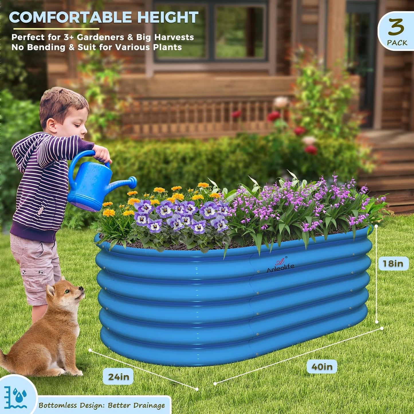 Garden Play – 40''x24''x18'' Oval Raised Garden Beds for Kids (3 packs, Blue)