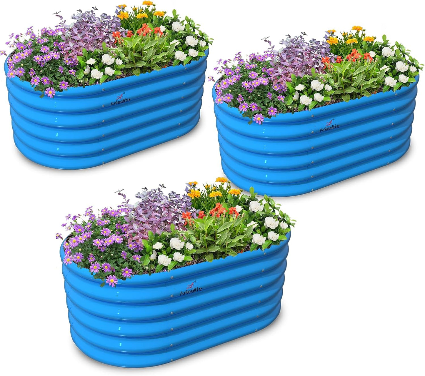 Garden Play – 40''x24''x18'' Oval Raised Garden Beds for Kids (3 packs, Blue)