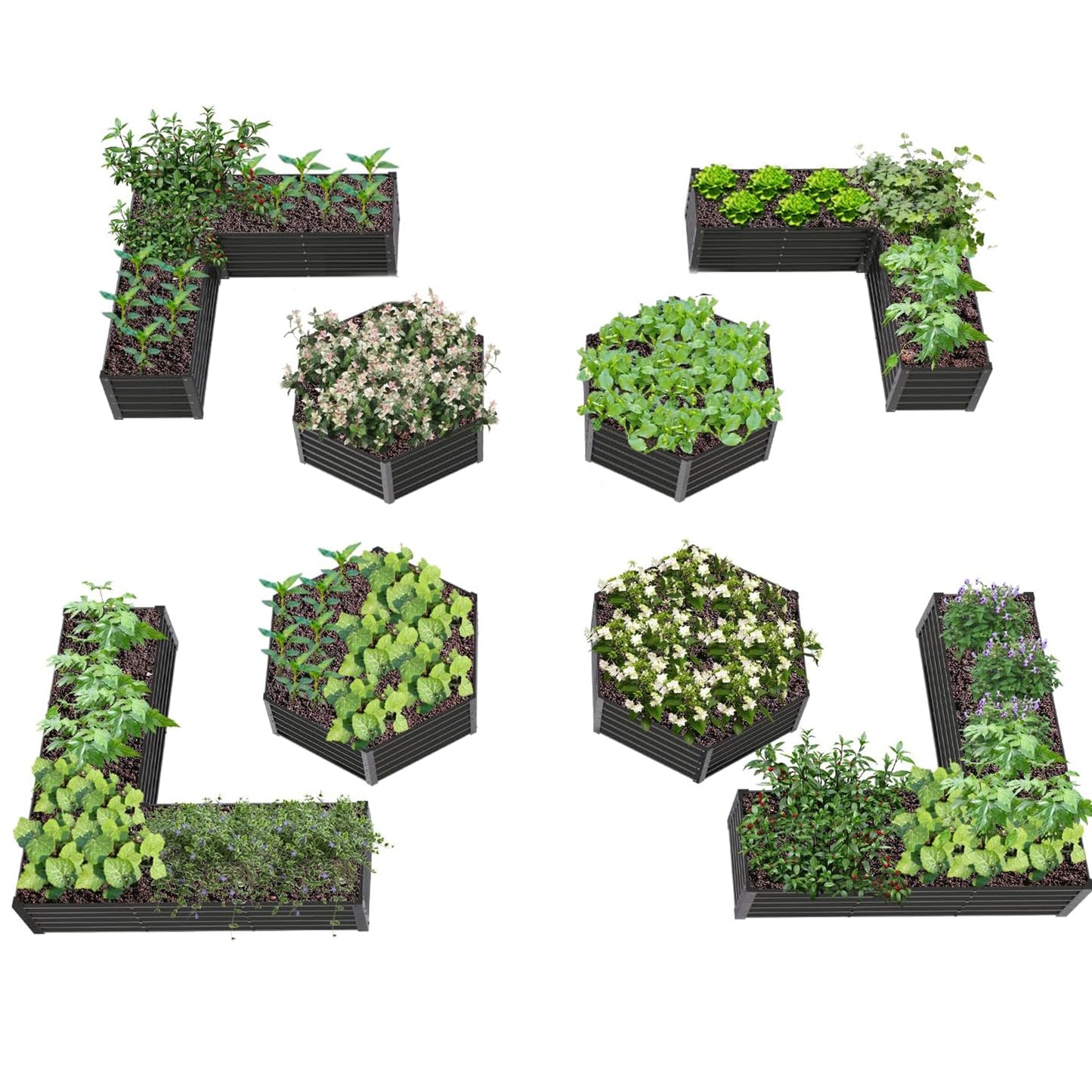 Set of 8: 70''x60''x18'' & 74''x74''x18'' Geometric Metal Raised Garden Bed Layout (Grey/White)
