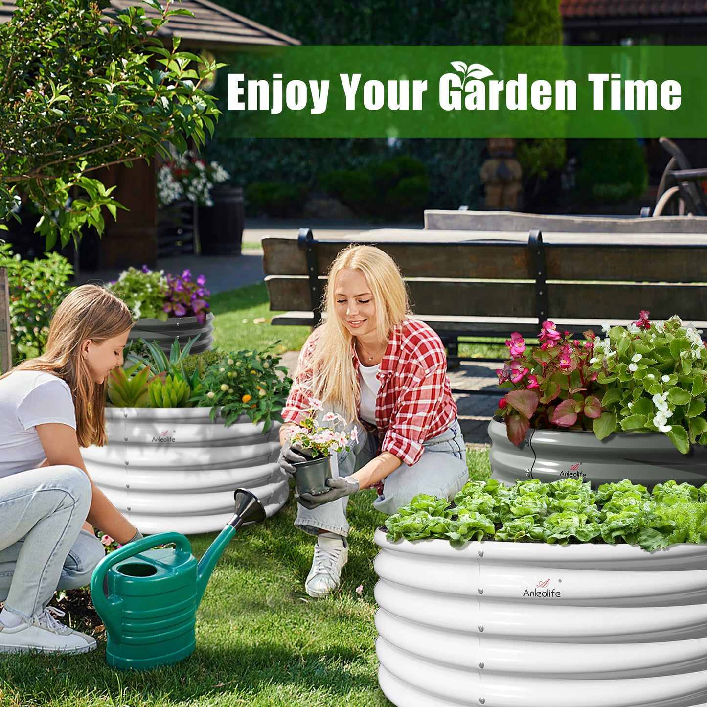 Set of 2: 48"x48"x18" Round Metal Raised Garden Beds (Grey)