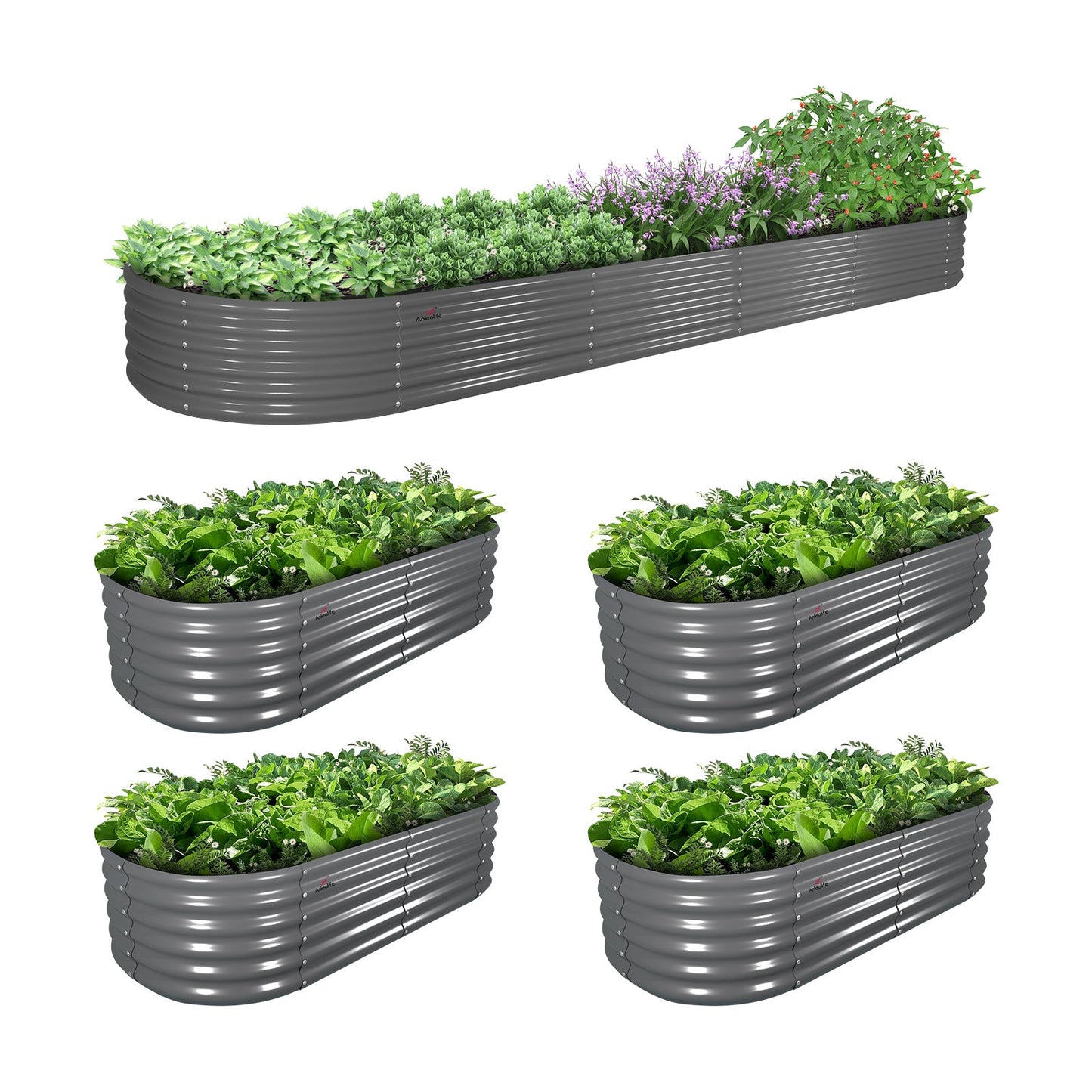 Set of 5: 12x3x1.5ft & 6x2x1.5ft  Oval Metal Raised Garden Bed (Grey)