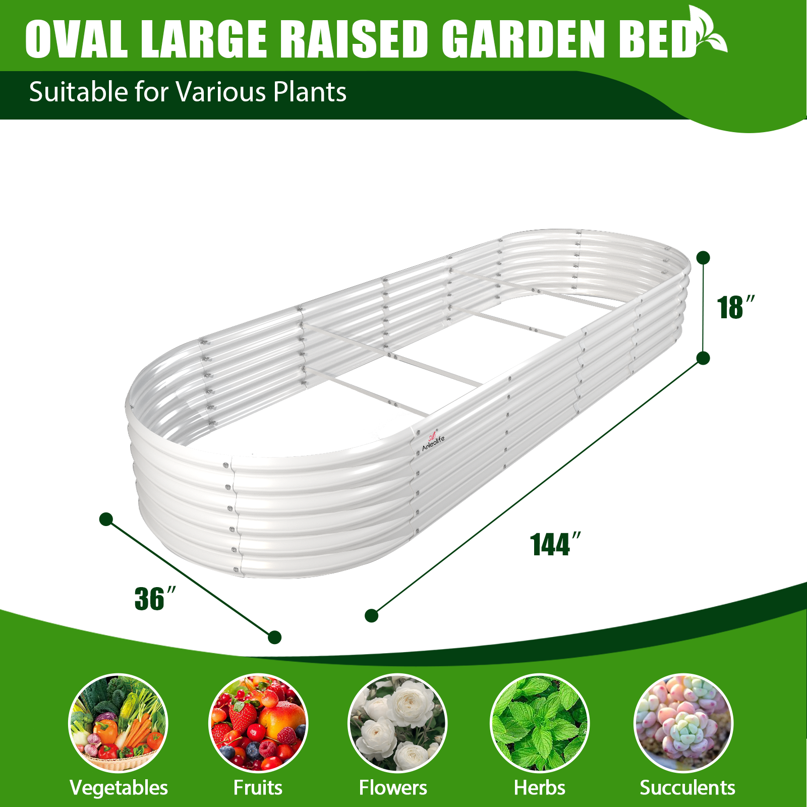 Set of 3: 12x3x1.5ft Oval Modular Metal Raised Garden Bed (White)