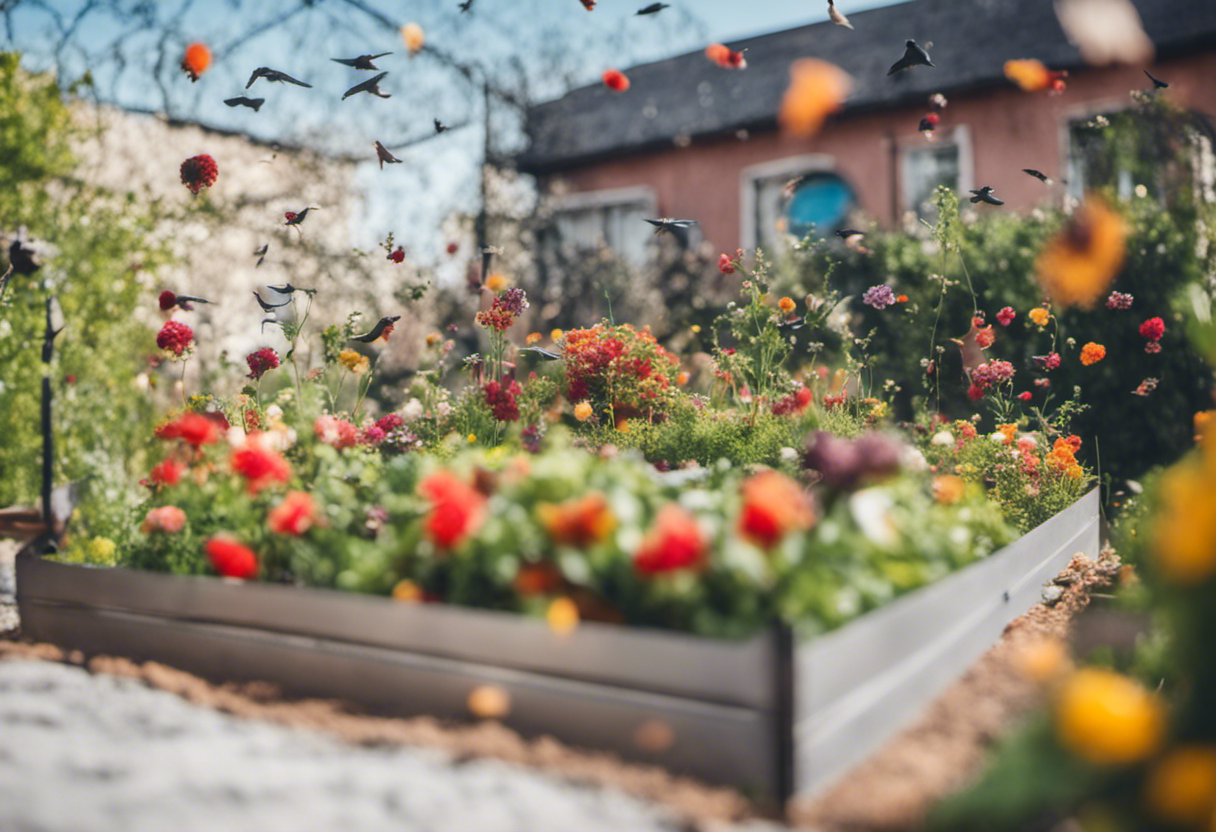 A raised garden bed overflows with a vibrant mix of colorful flowers, attracting a flurry of birds in flight.