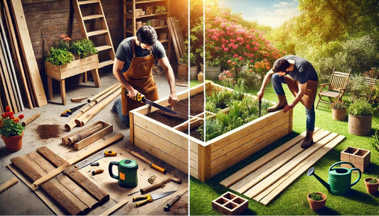 Man building wooden garden bed in workshop, planting in backyard.