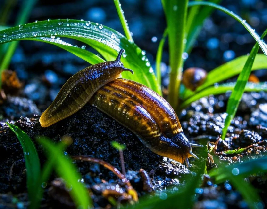 Dewy snail on wet leaves with blue bokeh background, macro nature photography