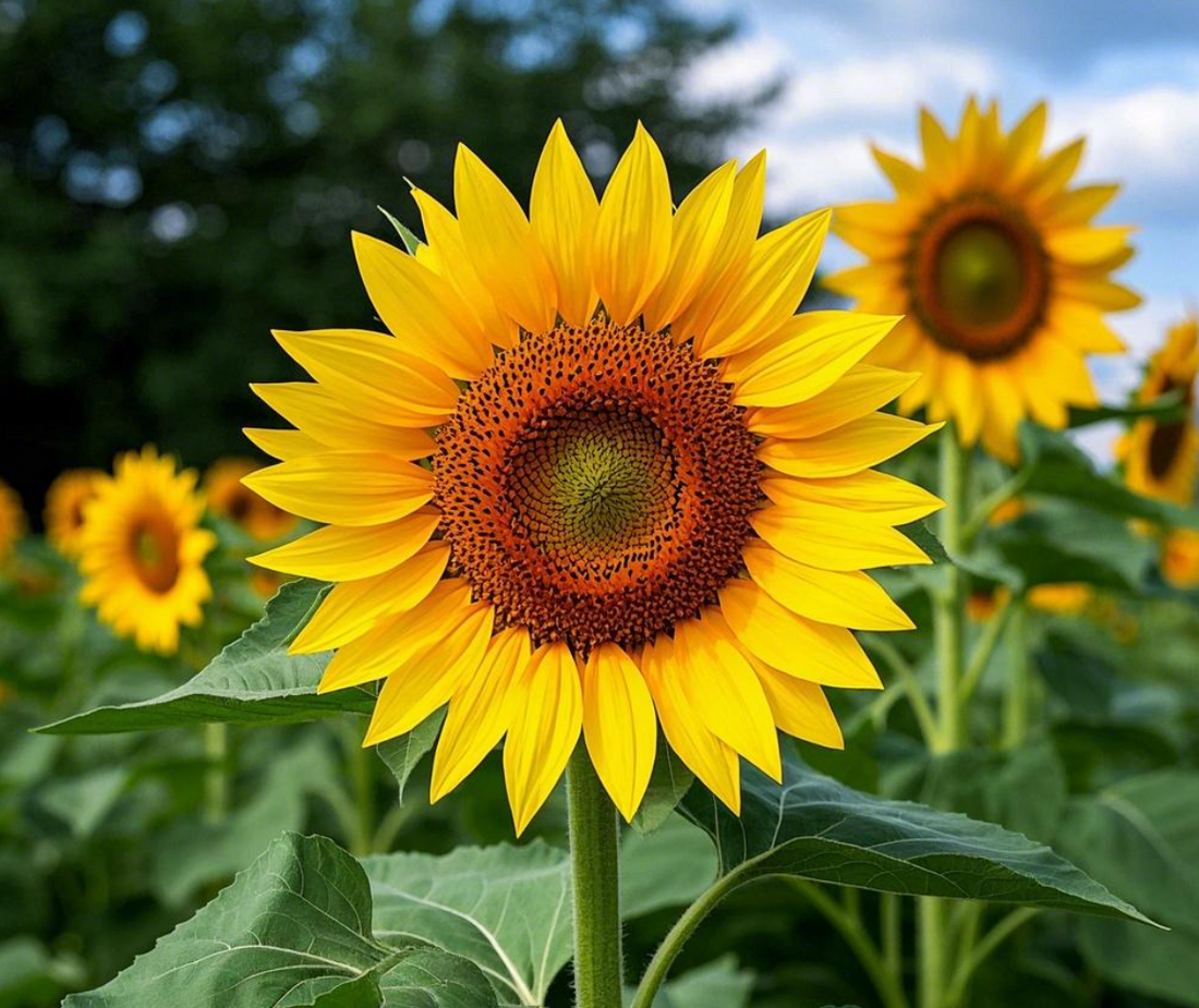 A close-up view of a bright yellow sunflower in full bloom, showcasing its intricate center and vibrant petals.