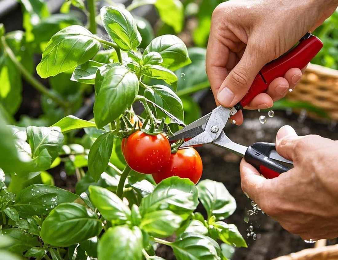 Hands using red pruning shears to harvest ripe red tomatoes from a healthy basil plant in an organic garden