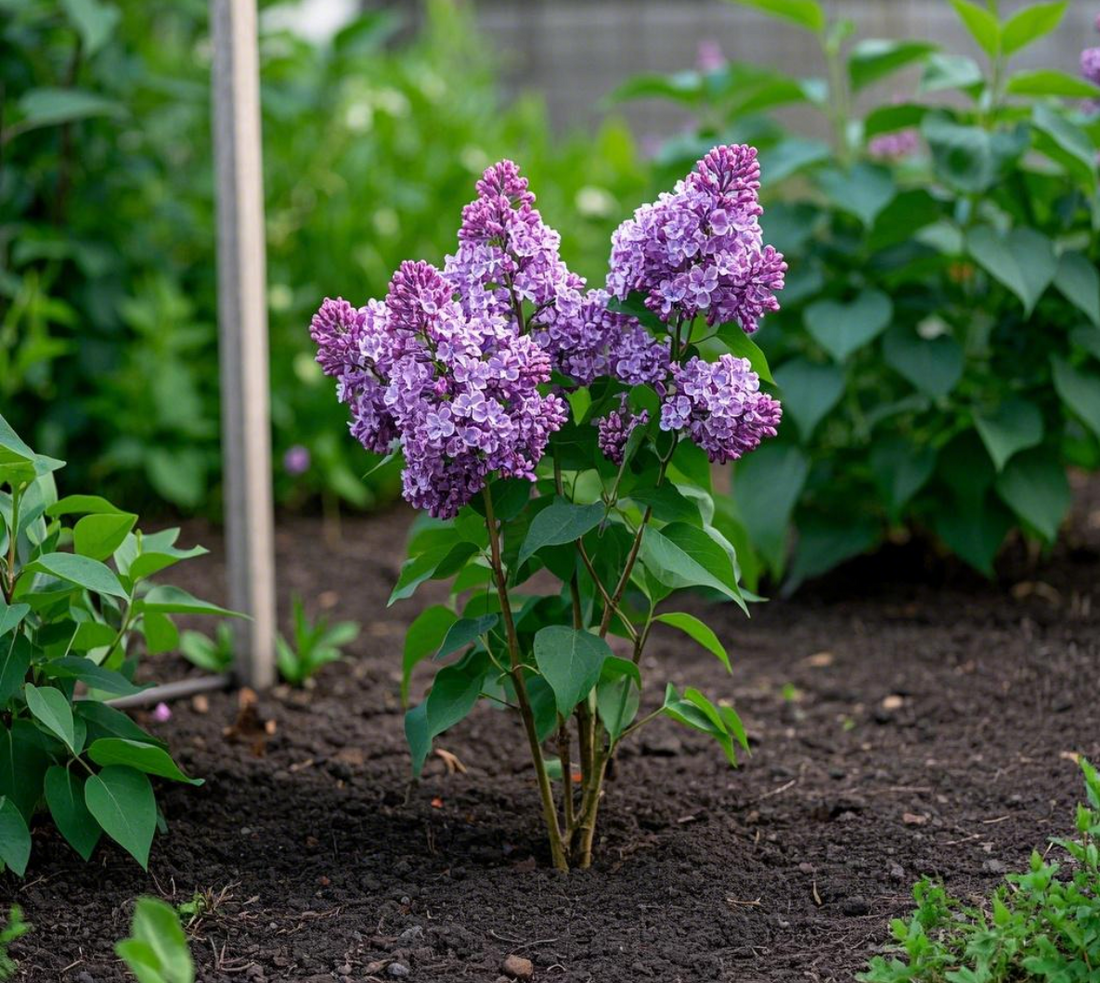 A vibrant lilac bush with purple flowers blooming in a garden setting, surrounded by rich soil.