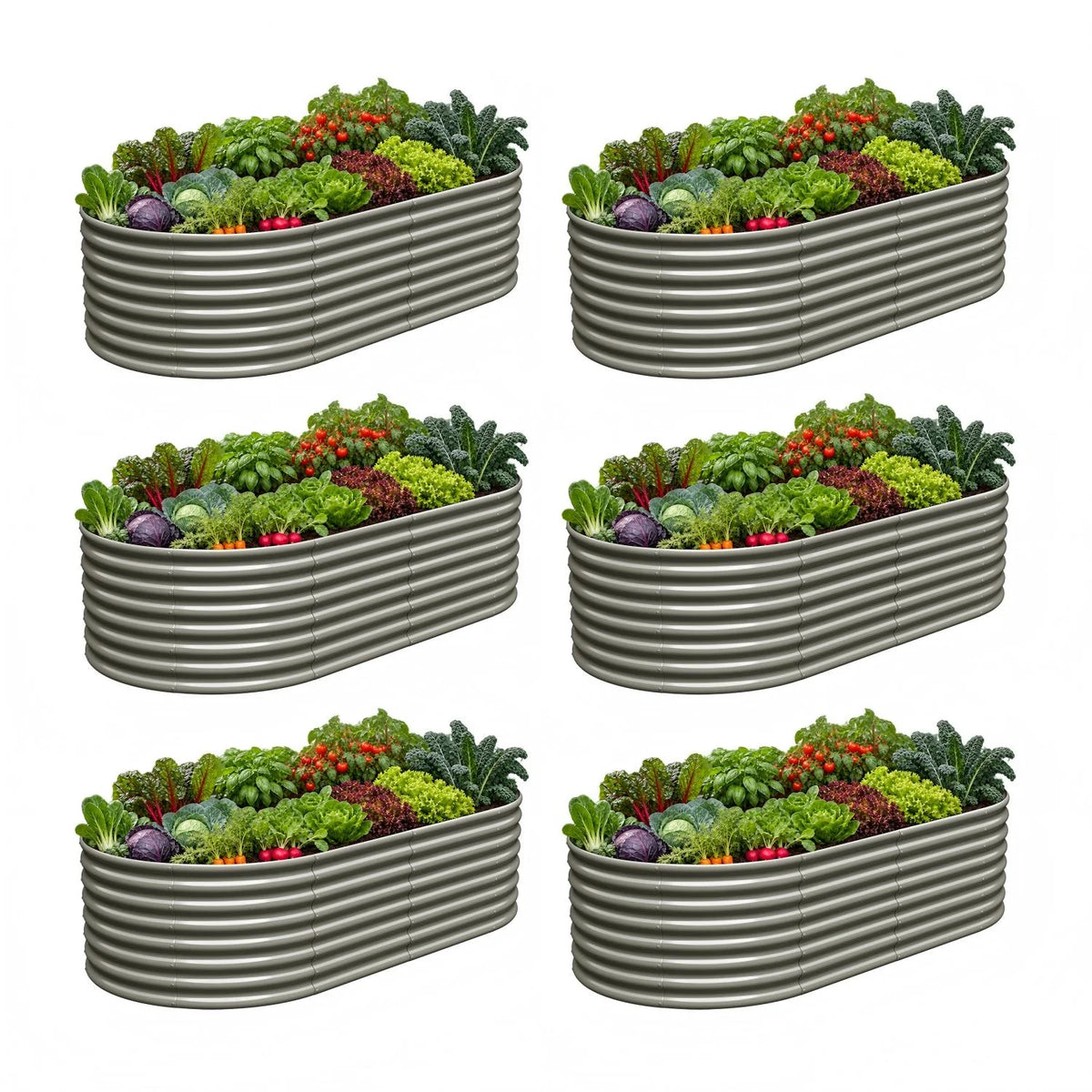 Set of 6: 8x4x2ft Oval Modular Metal Raised Garden Beds (Quartz Gray)