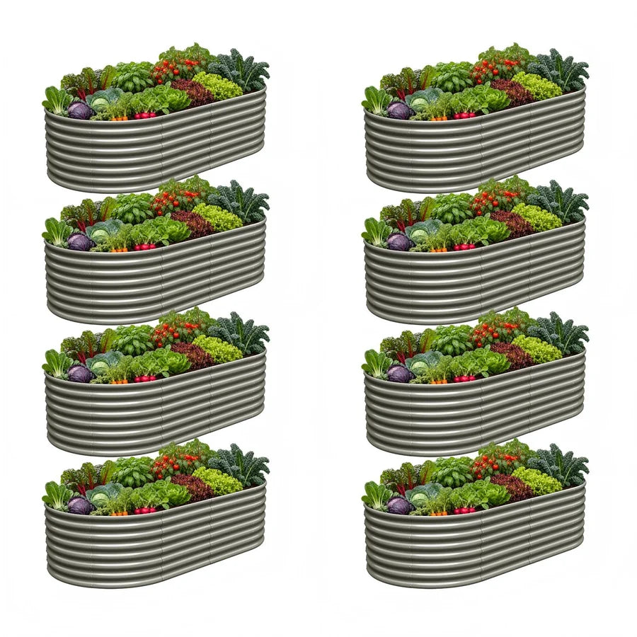 Set of 8: 8x4x2ft Oval Modular Metal Raised Garden Beds (Quartz Gray/Antique White)