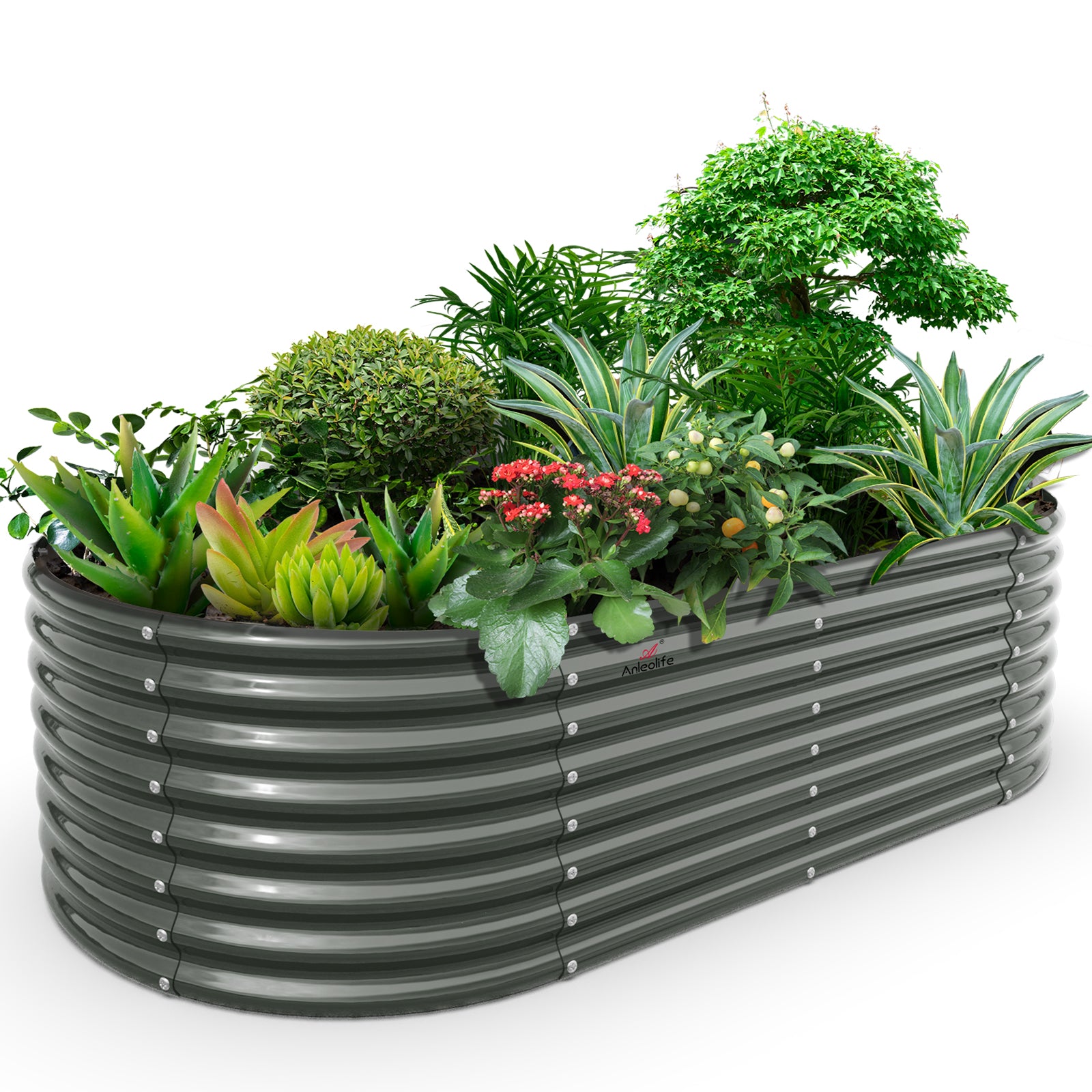 Set of 12: 8x4x2ft Oval Modular Metal Raised Garden Beds (Grey)