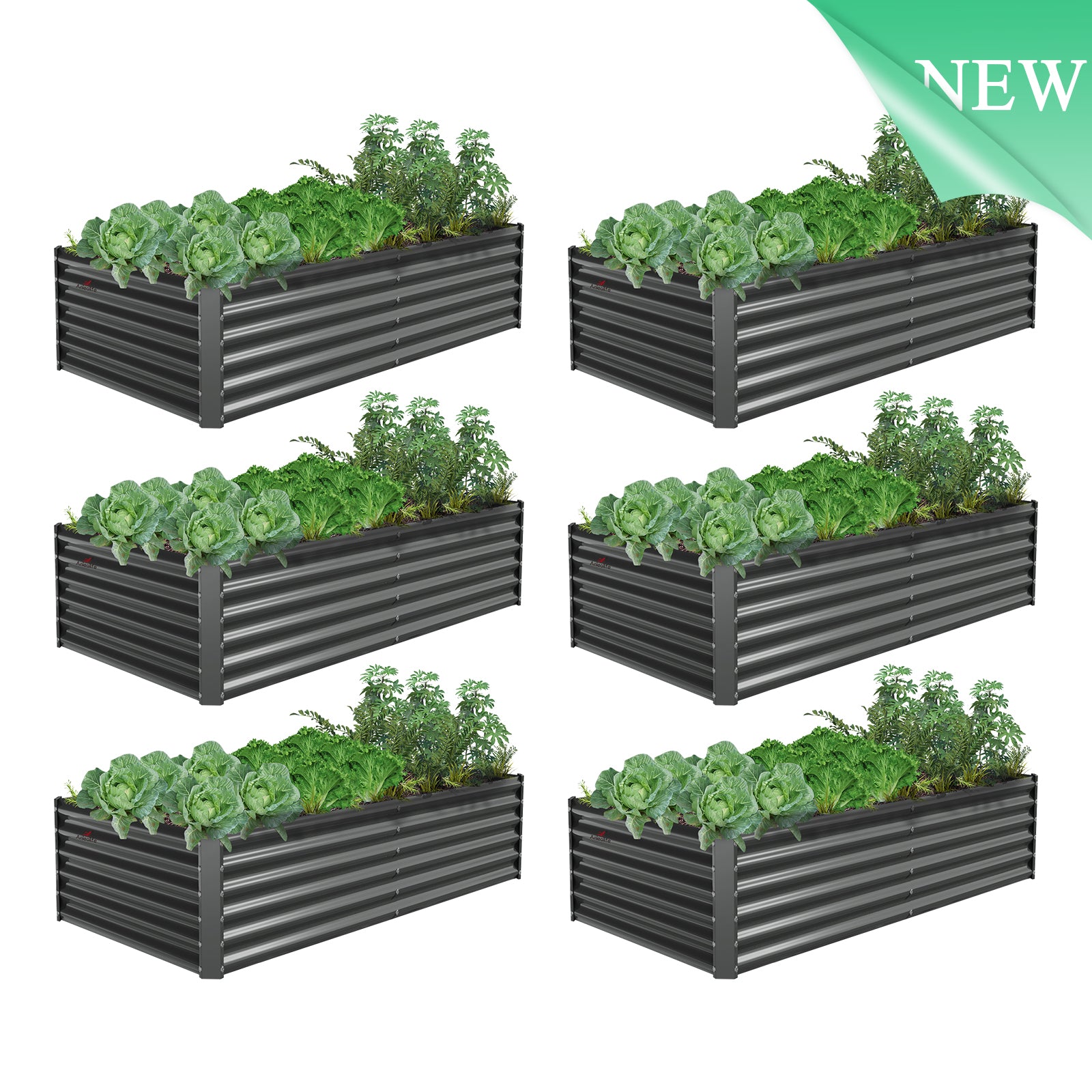 Set of 6: 6x3x1.5ft Rectangular Modular Metal Raised Garden Bed (Grey)