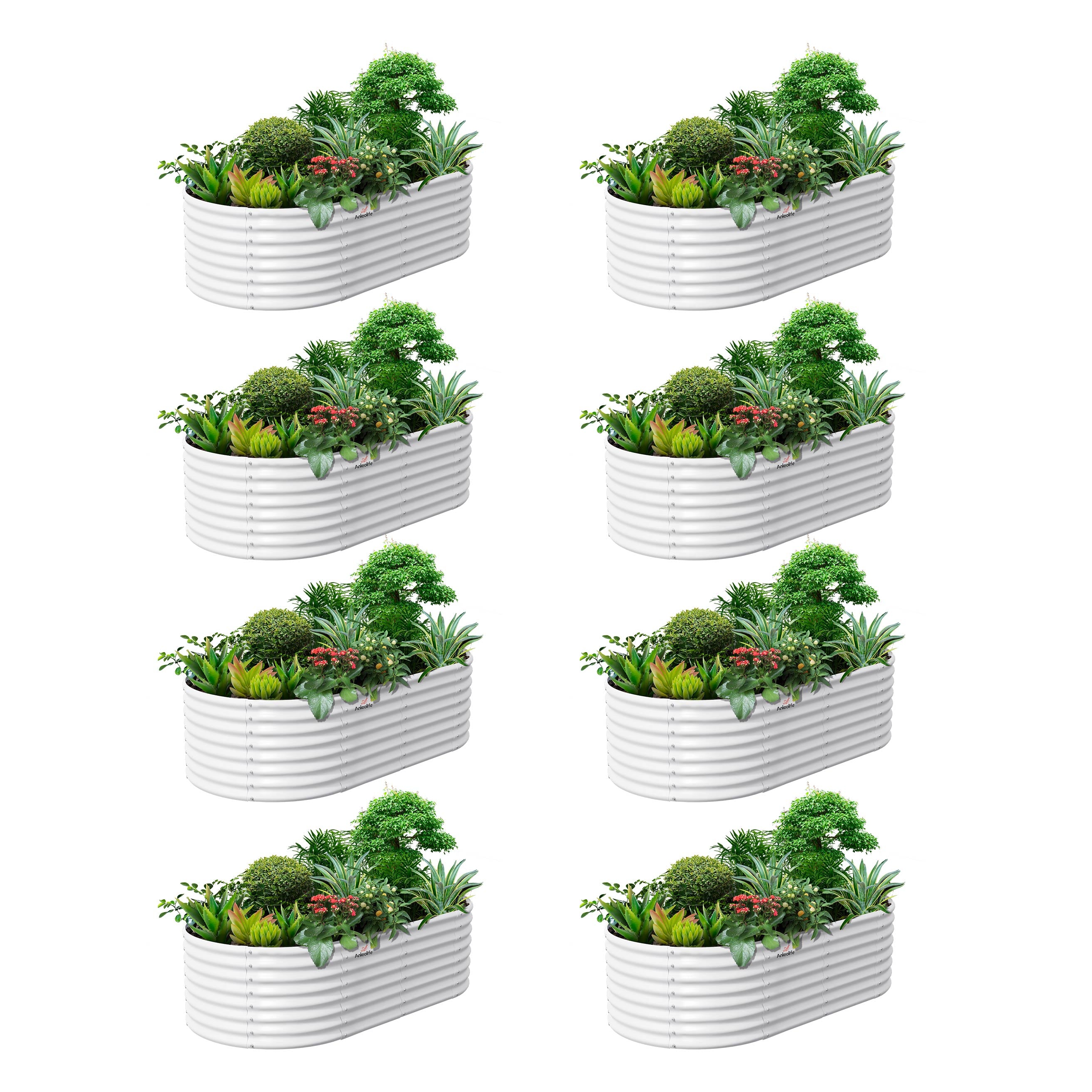 Set of 8: 8x4x2ft Oval Modular Metal Raised Garden Beds (Quartz Gray/Classic White)